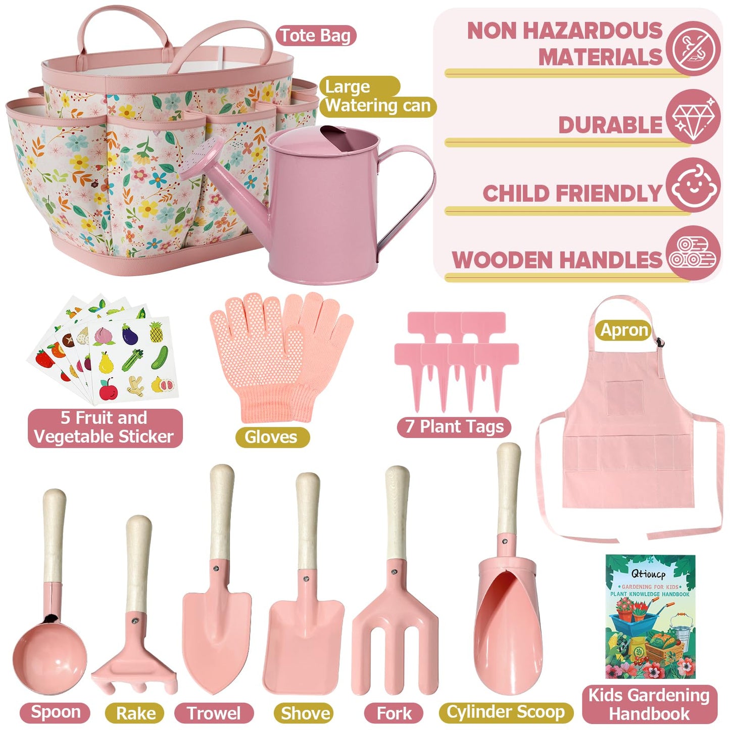 Qtioucp Kids Gardening Set 14Pcs Garden Tools with Tote Bag,Watering Can, Shovel, Apron, Garden Book and More Educational STEM Learning Outdoor for Toddlers Boys Girls (Floral)