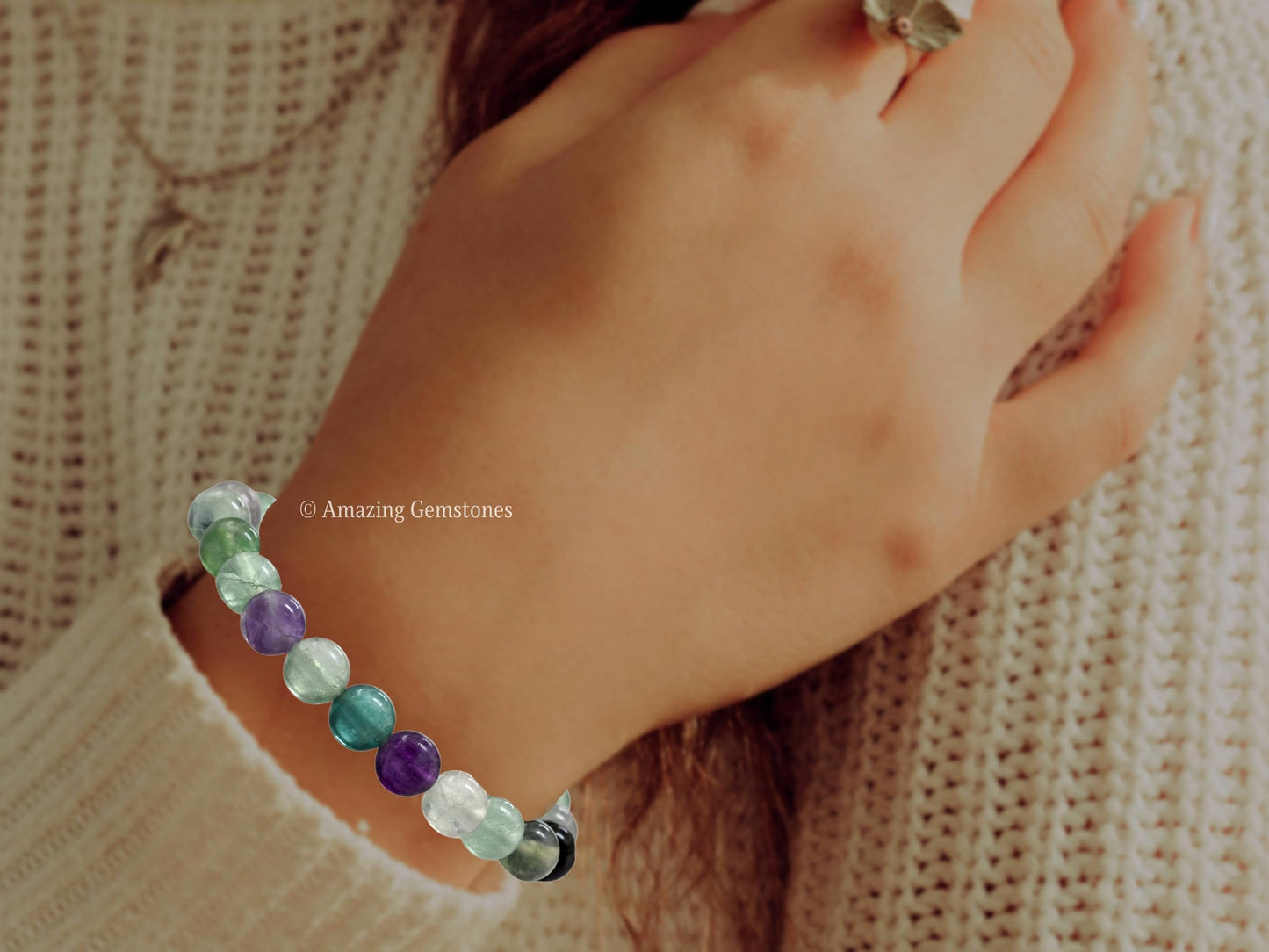 Amazing Gemstone Crystal Bracelet for Women Men's Gifts - Protection Healing Crystal Bracelet - 8mm Gemstone Beaded Stretchable Bracelet Pulseras Para Hombres Mujer Stocking Stuffers Mothers Day Gift (Multi Fluorite)