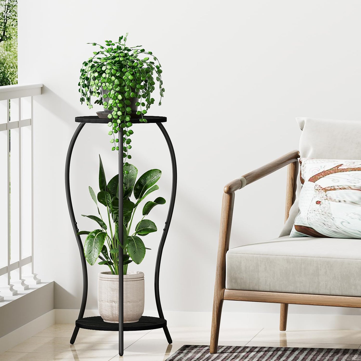 VYUOL Plant Stand Indoor, 2 Tier Round Tall Plant Stand, Flower Pot Stand, Plant Shelf Rack, Corner Plant Stand for Planter Garden Balcony Patio Living Room, Black