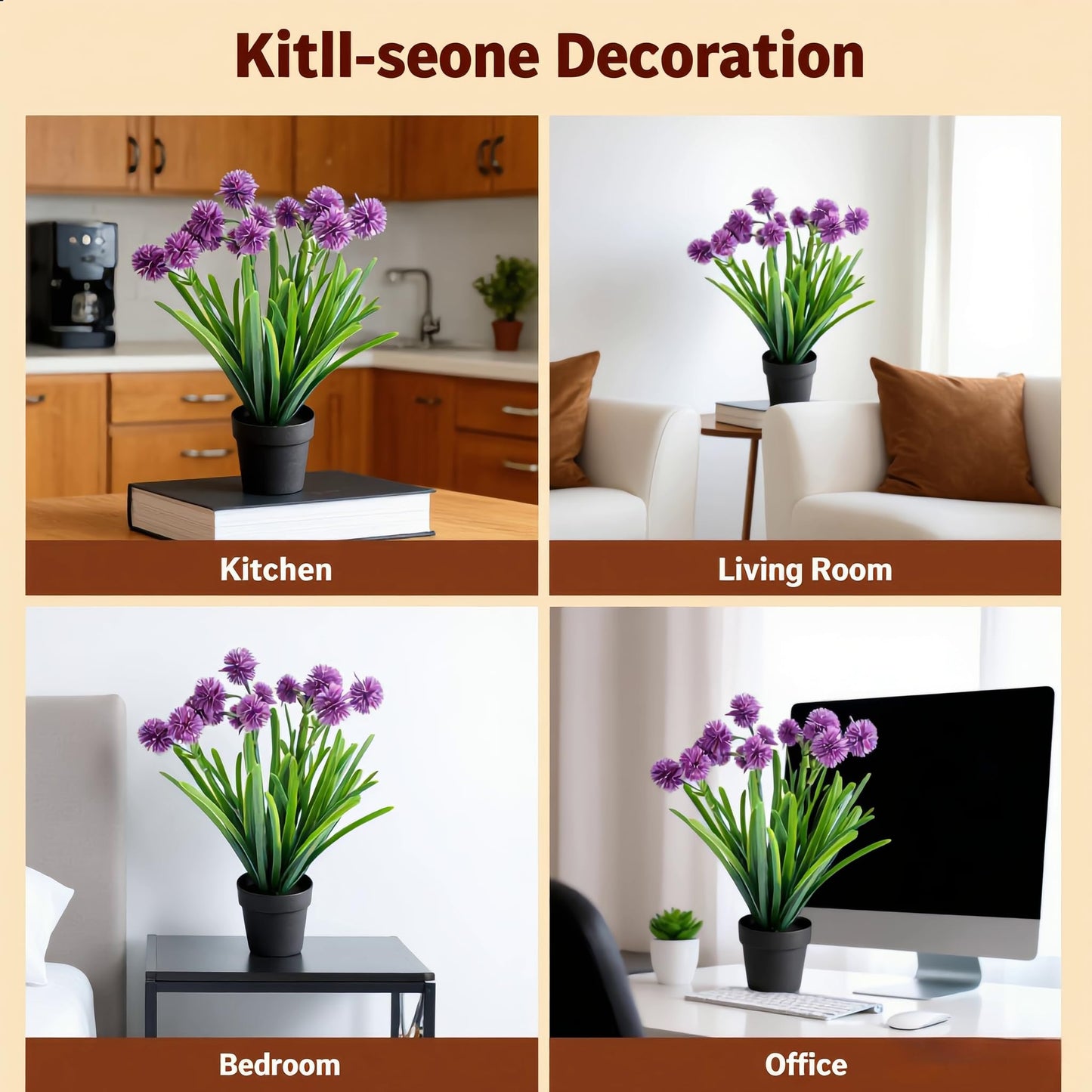 MONOID Small Artificial Allium Plants Fake Purple Pompom Flowers Potted Faux Onion Grass in Black Pots for Shelf Desk Home Office Bathroom Farmhouse Table Decor (Lavender Purple)
