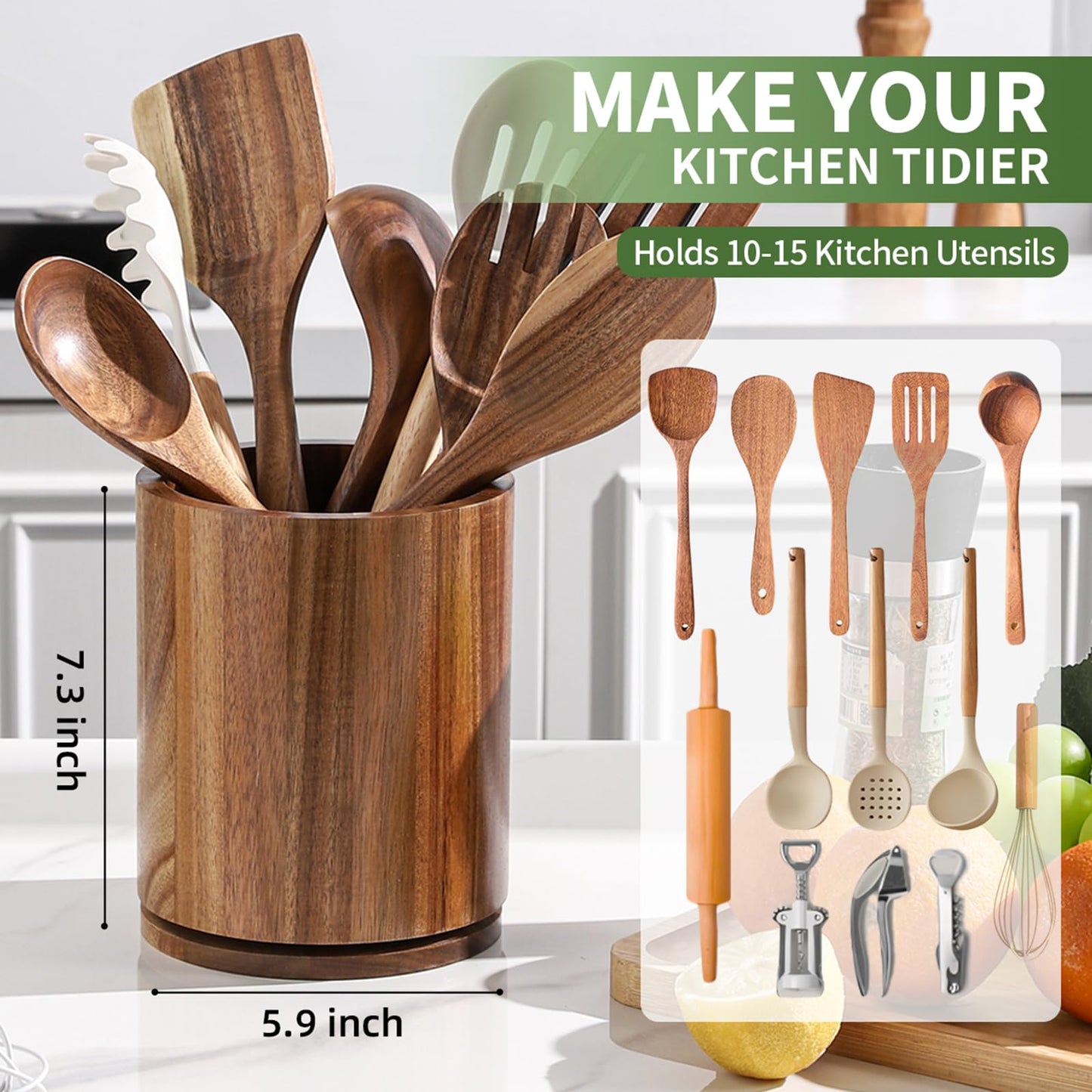 gorsent Wooden Utensil Holder, 360°Rotating 7.3'' Large Utensil Holder for Kitchen Counter, Kitchen Utensil Organizer, Utensil Crock, Farmhouse Kitchens Countertop Decor, Acacia Wood