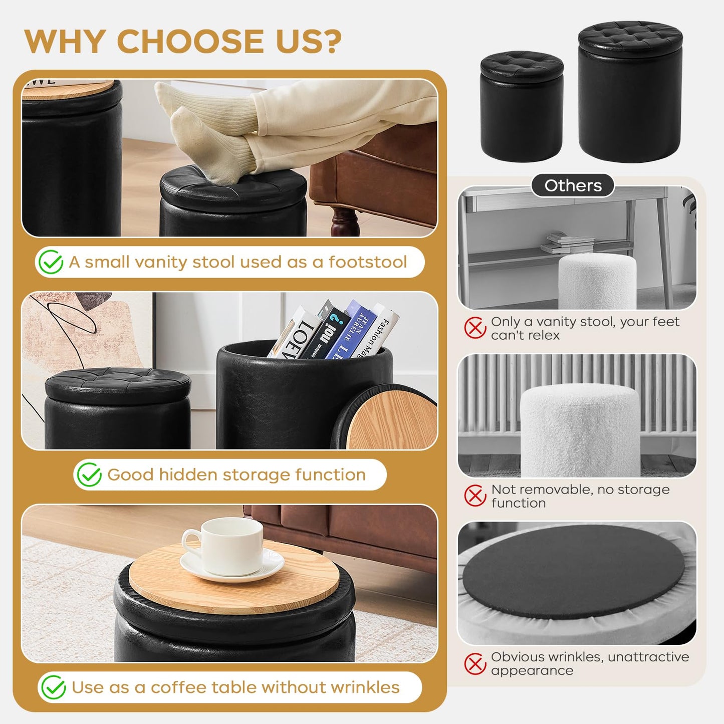 oakvivo Round Ottoman with Storage Set of 2, 12.6" W x 14.17" H & 14.76" W x 17.32" H Faux Footstool Storage Ottomans for Bedroom, Living Room Padded Coffee Table Ottomen, Black
