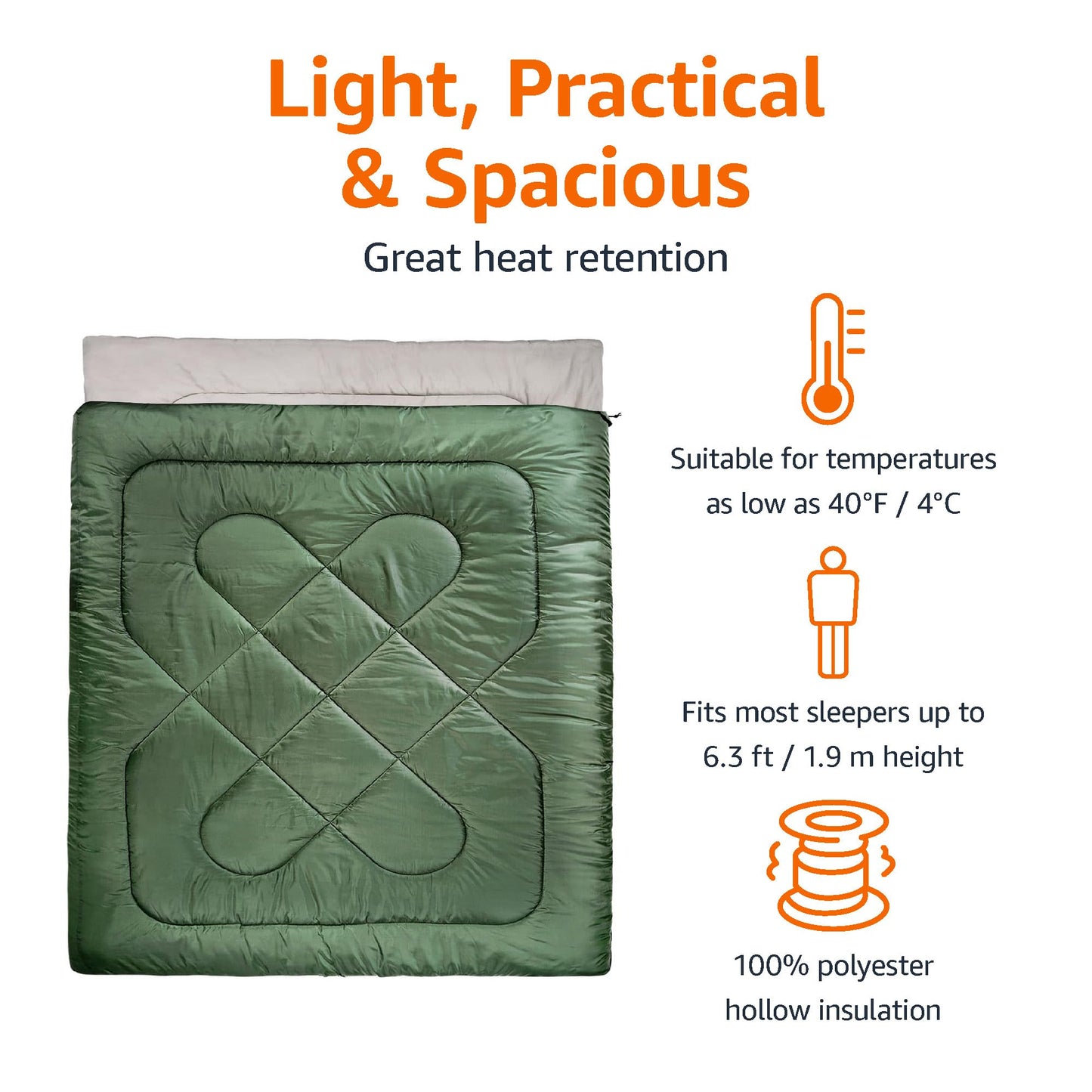 Amazon Basics 40°F Cold Weather Two-Person Sleeping Bag for Outdoor Camping, Queen Size XL, 87" x 59", Olive Green