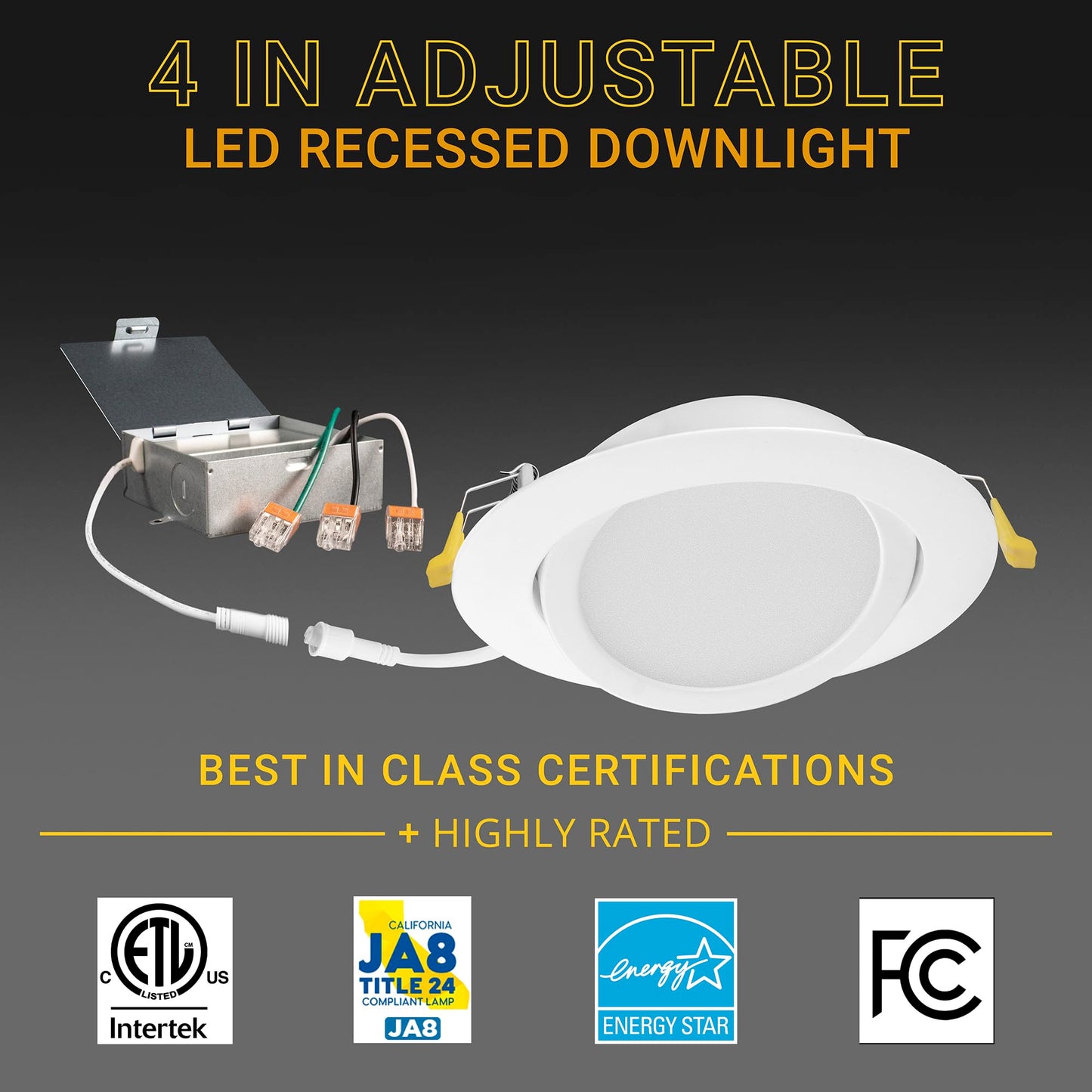 NuWatt 12 Pack, 4 Inch Canless Gimbal LED Recessed Lighting, 5CCT 2700K/3000K/3500K/4000K/5000K Selectable, 630 Lumen, Dimmable, Adjustable Eyeball Wafer Lights for Sloped Ceilings, Metal Junction Box