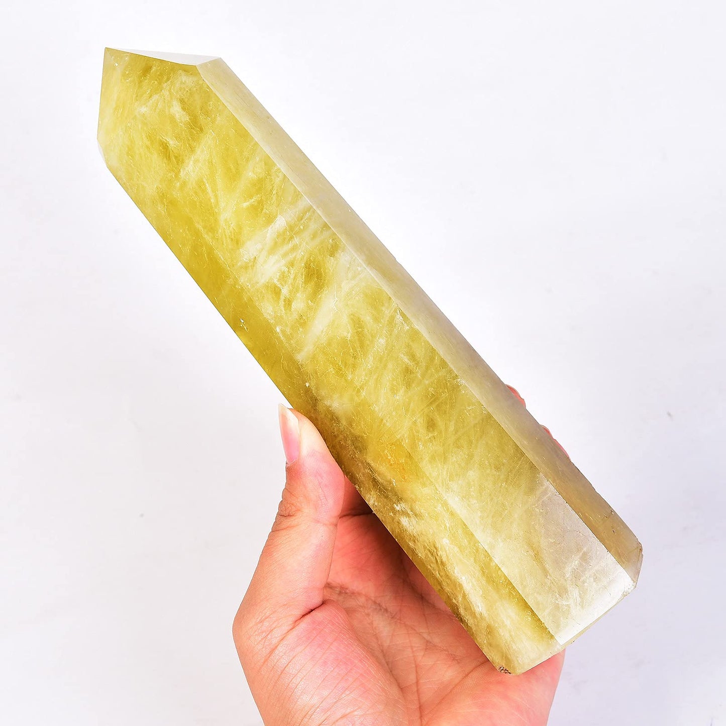 AMOYSTONE Large Crystal Obelisk Tower Lemon Quartz Point Wand 6 Faceted Reiki Meditation Therapy 1.1-1.7 LBS