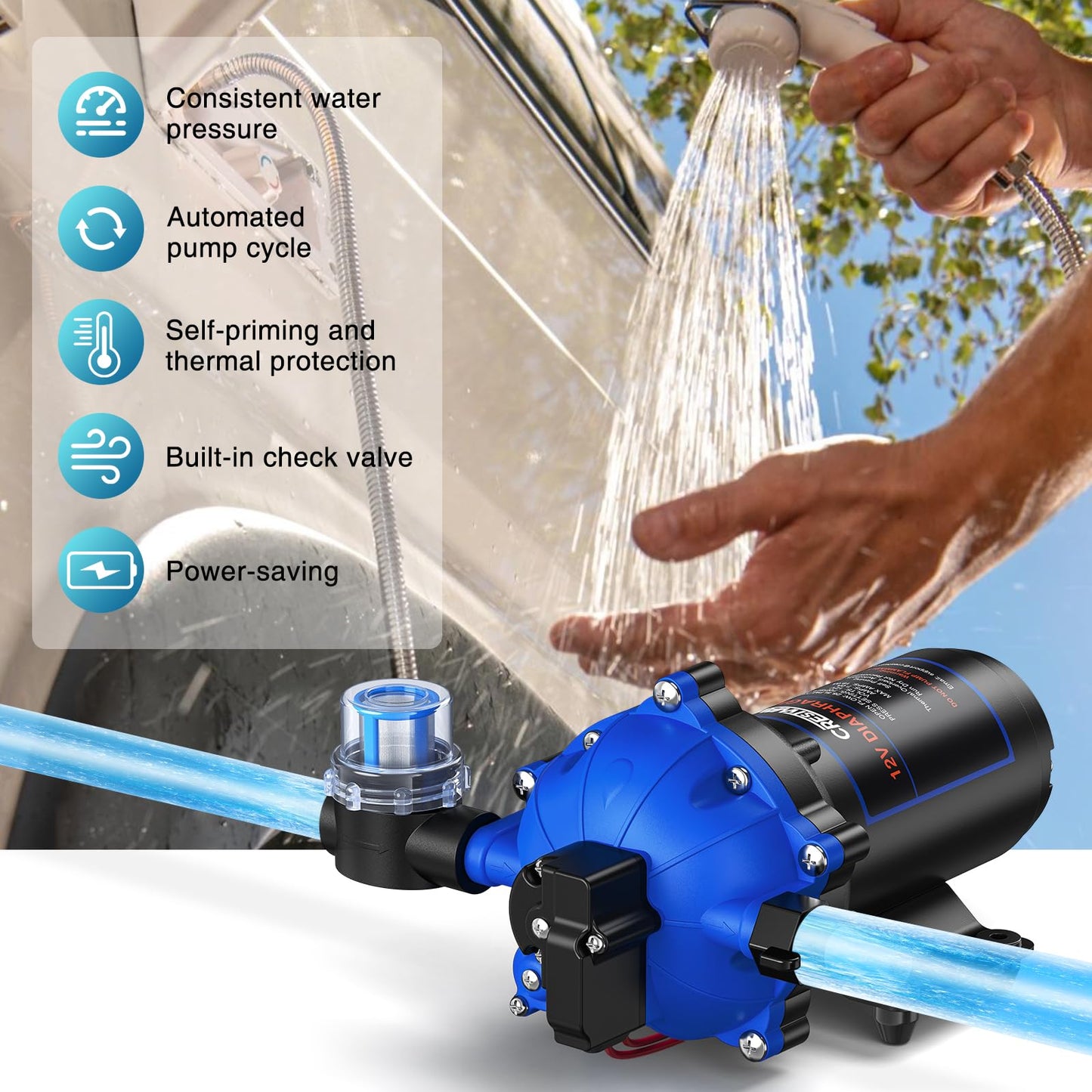 CrestWave 12V DC Washdown Pump Kit, 7GPM 70PSI Wash Down Pump for Boat with Spray Nozzle, 5-Chamber Self-Priming Diaphragm Water Pump with Pressure Switch & Strainer for Boats, RV, Marine, Yacht