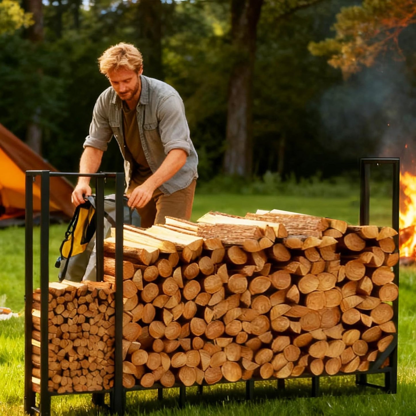 Shomextol 8ft Large Firewood Rack Outdoor, Heavy Duty Metal Wood Rack with Kindling Storage - For Indoor & Outdoor Fireplace, Wood Pile Organizer,Black