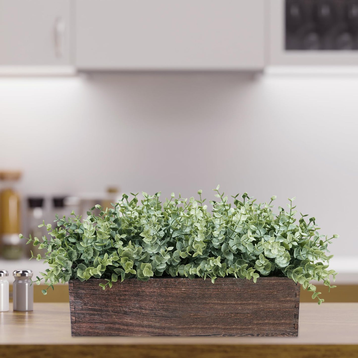 Winlyn 14" Artificial Eucalyptus in Rectangular Wood Planter Box Faux Plants Arrangement Centerpiece Wooden Potted Eucalyptus Plant for Farmhouse Wedding Dining Table Centerpiece Greenery Mantel Décor
