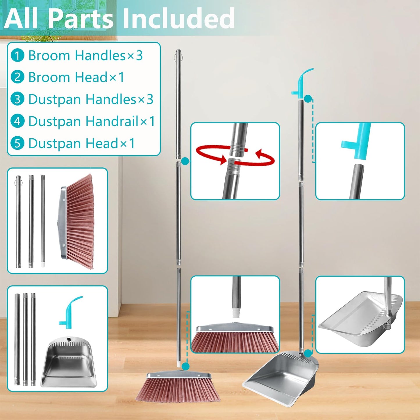 Stainless Steel Broom and Dustpan Set, 2-Piece, Long Handle Standing Design with Comb Teeth, Heavy Duty Windproof Upright for Home, Kitchen, Indoor Outdoor Use (Silver Teeth)