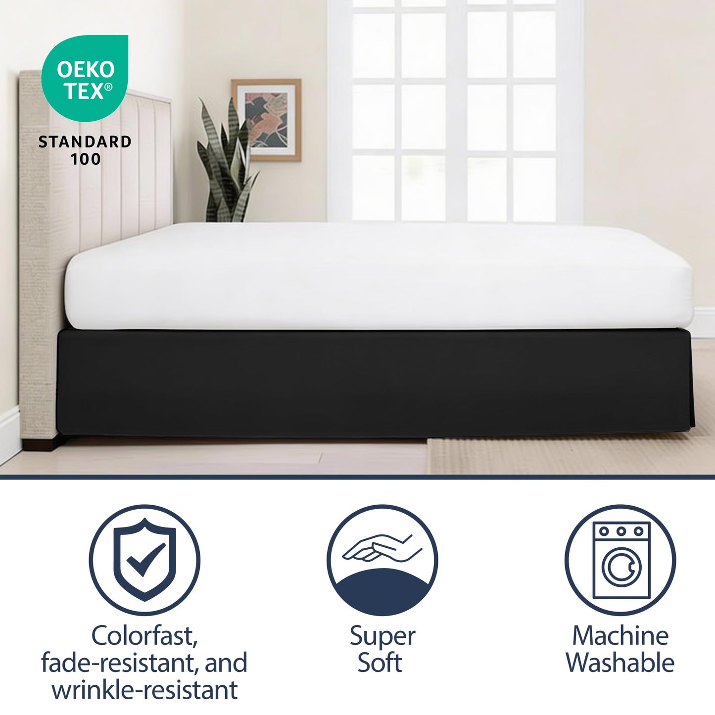 Luxury Hotel Tailored Bed Skirt, Box Pleats, 14 Inch Drop, Queen, Black