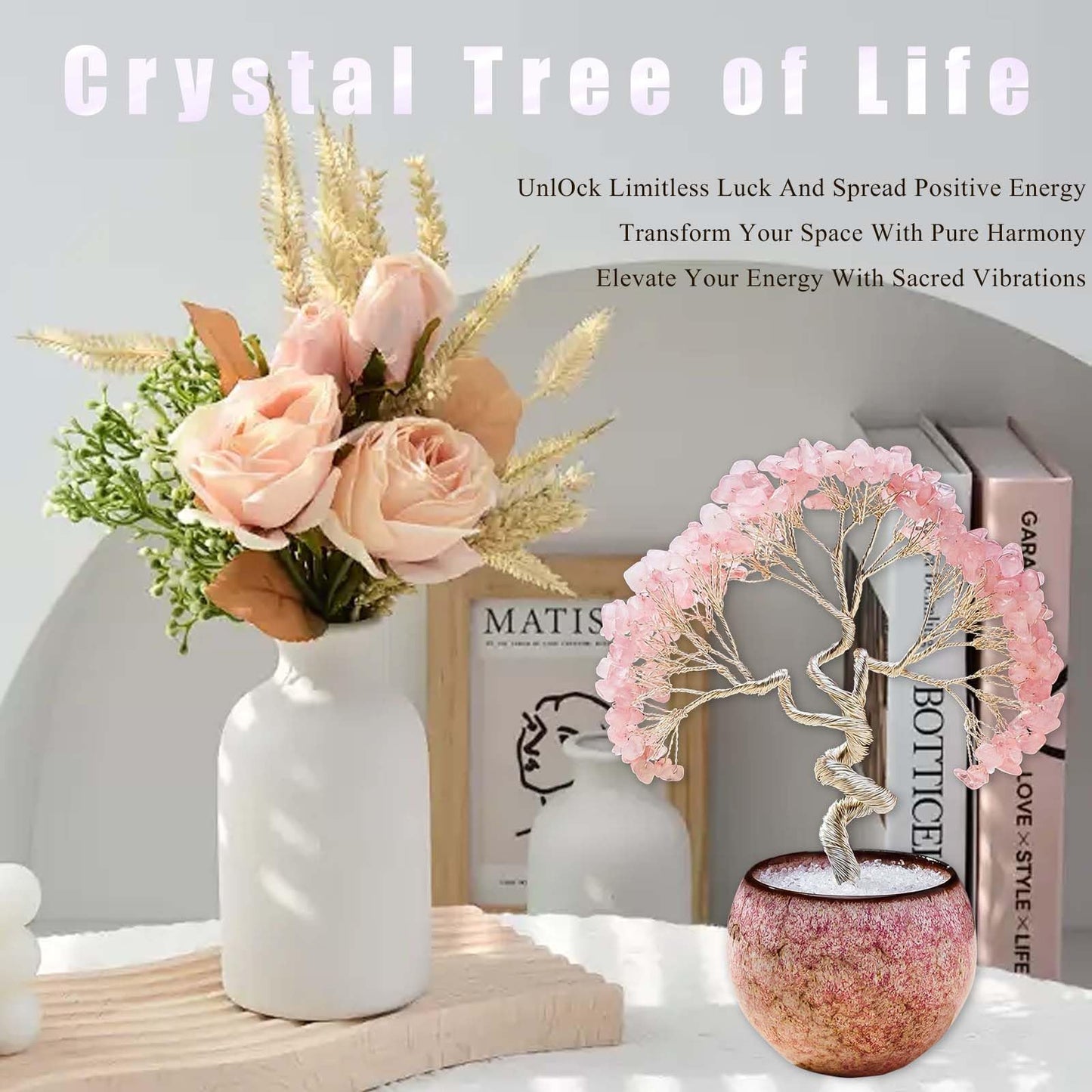 Runyangshi Rose Quartz Crystal Tree of Life - 7in Chakra Crystal Money Tree with 297 Natural Healing Crystal Gemstone for Love, Feng Shui, Luck, Balancing Energy Home Decor & Spiritual Gift