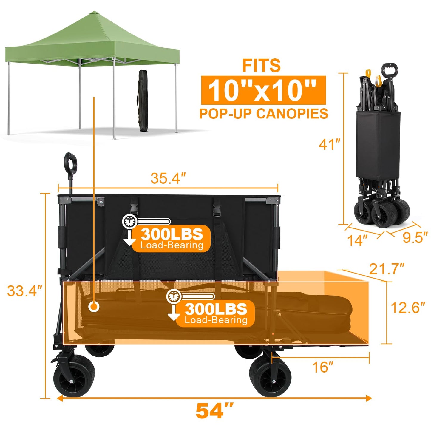 Double Decker Wagon Heavy Duty Collapsible, 600LBS 400L Capacity Foldable Utility Cart with Big Wheels for Beach, Outdoor, Camping & Gardening, Durable Steel Frame