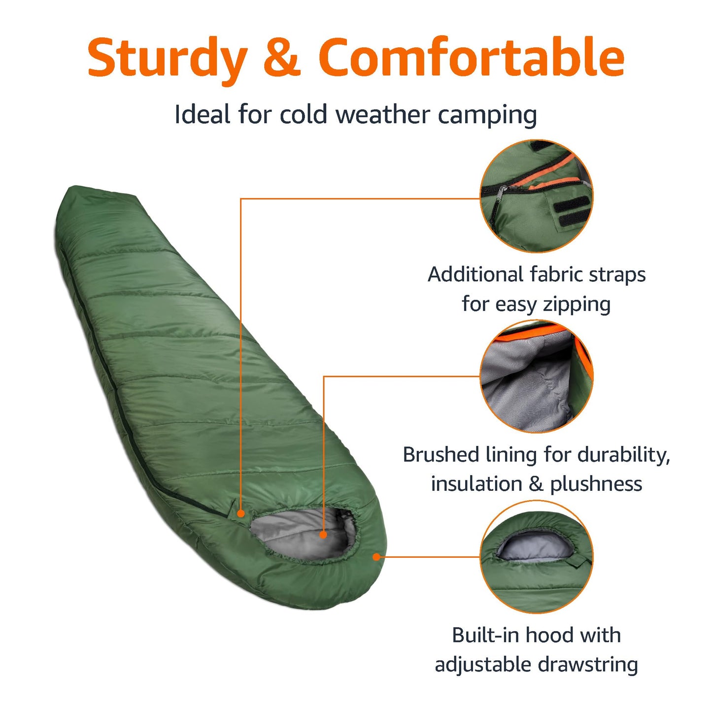 Amazon Basics 20°F Cold Weather Mummy Sleeping Bag for Hiking, Outdoor Camping with No-Snag Zipper, Portable, 82" x 33", Olive Green