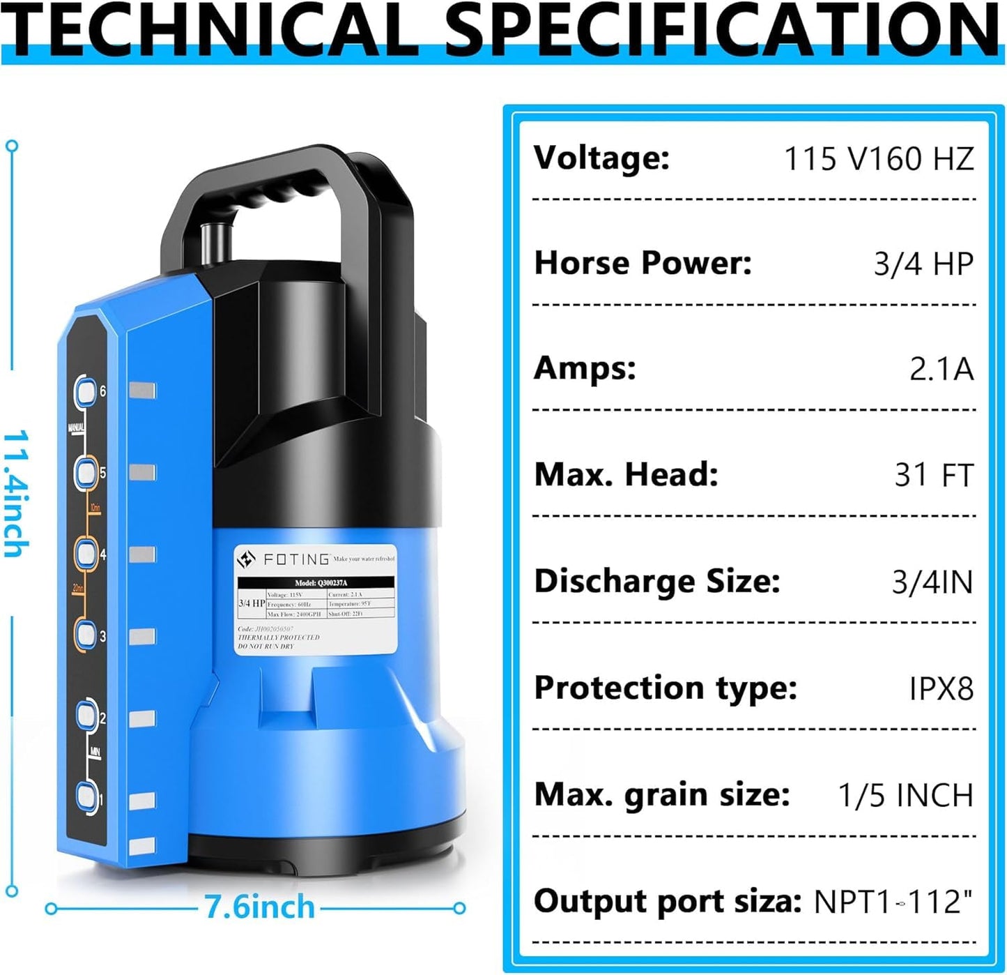 FOTING Sump Pump 3/4HP Automatic Submersible Water Pump, 2400GPH Thermoplastic Electric Portable Transfer Water Pump for Swimming Pool Garden Pond Basement with 16ft Cord, Drain Down to 0.04inch,Blue