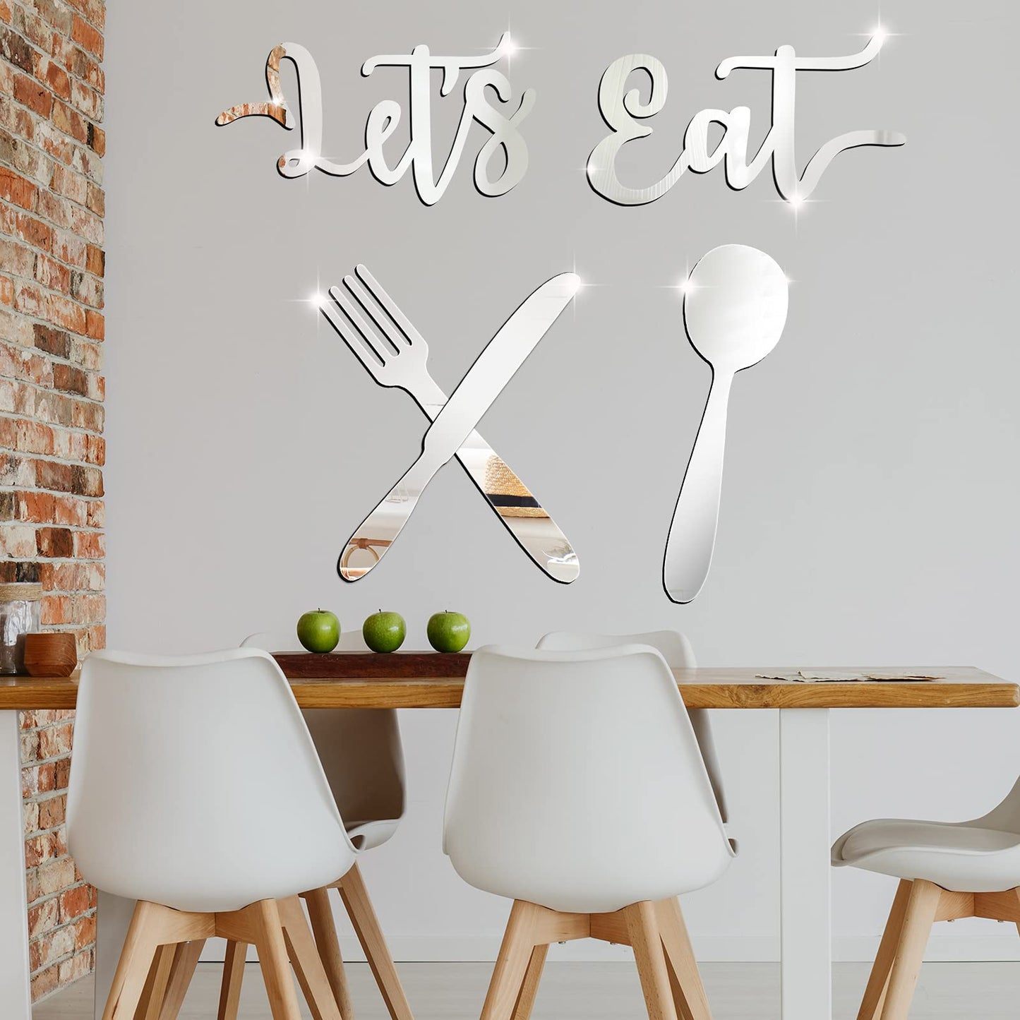 4 Pcs Let's Eat Sign Kitchen Wall Decor Acrylic 3D Mirror Wall Sticker Fork Spoon Knife Eat Sign Cutout Kitchen Decal Decoration Removable DIY for Restaurant Dining(Elegant Style)