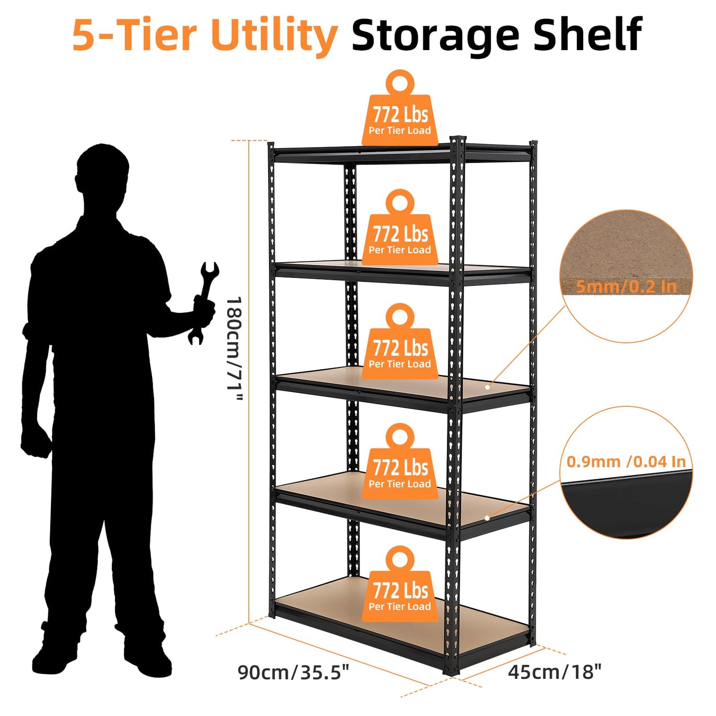GarveeHome Garage Storage Shelves, 5-Tier Utility Shelves, Adjustable Storage Shelves, Industrial Shelving, Load 3860 LBS Heavy Duty Storage Shelves for Garage Kitchen Basement Laundry Pantry,Black
