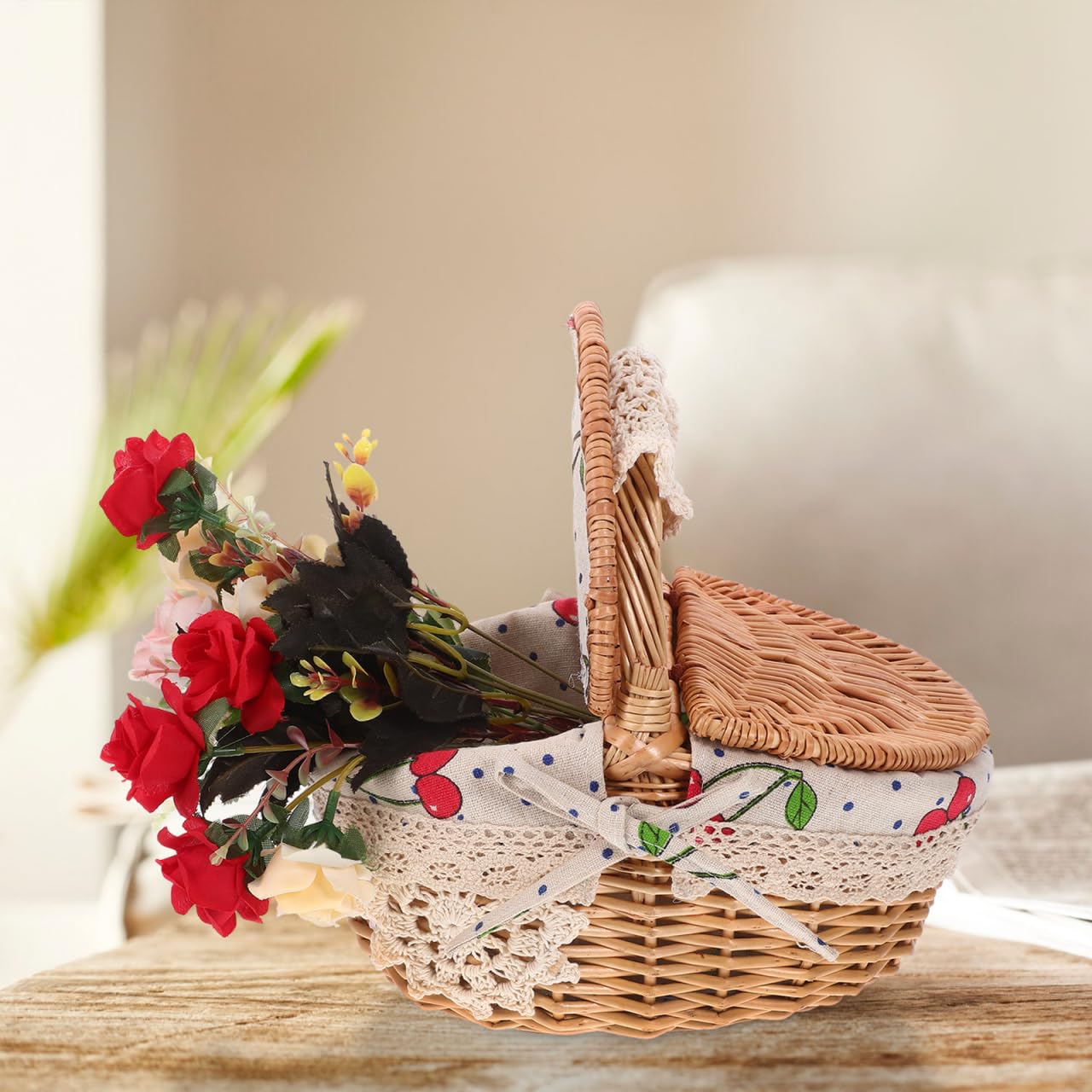 Wicker Picnic Basket with Handle and Lid: Small Handheld Rattan Woven Easter Eggs Collecting Storage Basket for Eggs Fruit Vegetable Picnic Camping and Kitchen Decor 10.23 X 9.44 X 7.28 Inches
