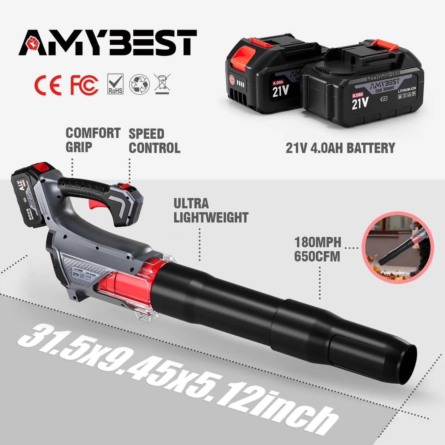 AMYBEST Leaf Blower Cordless, 21V Lightweight Electric Blower with 2 x 4.0Ah Batteries & Fast Charger, Variable Speed for Patio Cleaning, Lawn Care, Blowing Fallen Leaves and Dust (Gray)