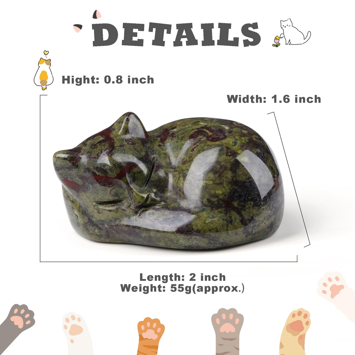 YATOJUZI 2" Cat Decor Figurines Dragon Blood Stone Crystals Sleeping Cats Decor Hand Carved Cute Crystal Animal Statues Decors Room Home Office Desk Decorations Cat Gifts for Women