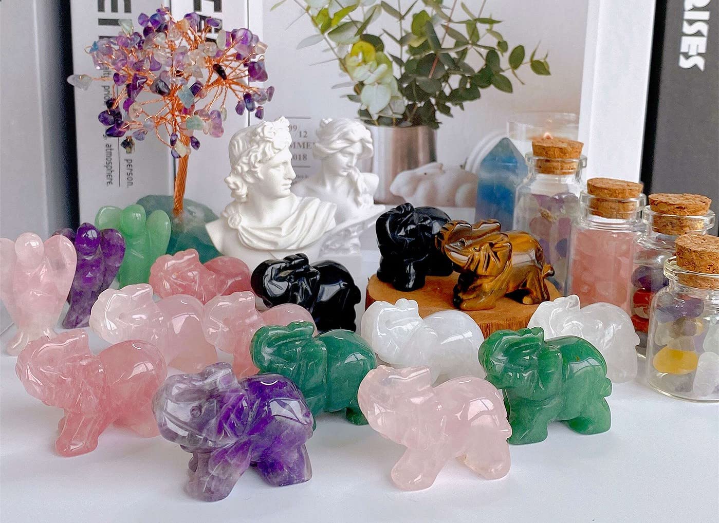 QINJIEJIE 5PCS Elephant Decor Amethyst Statue Crystals Rose Quartz Green Aventurine Opal Tiger Eye Cute Desk Stones Decoration Room Office Decor Statue Pocket Spiritual Gem Gifts for Women 1.5"