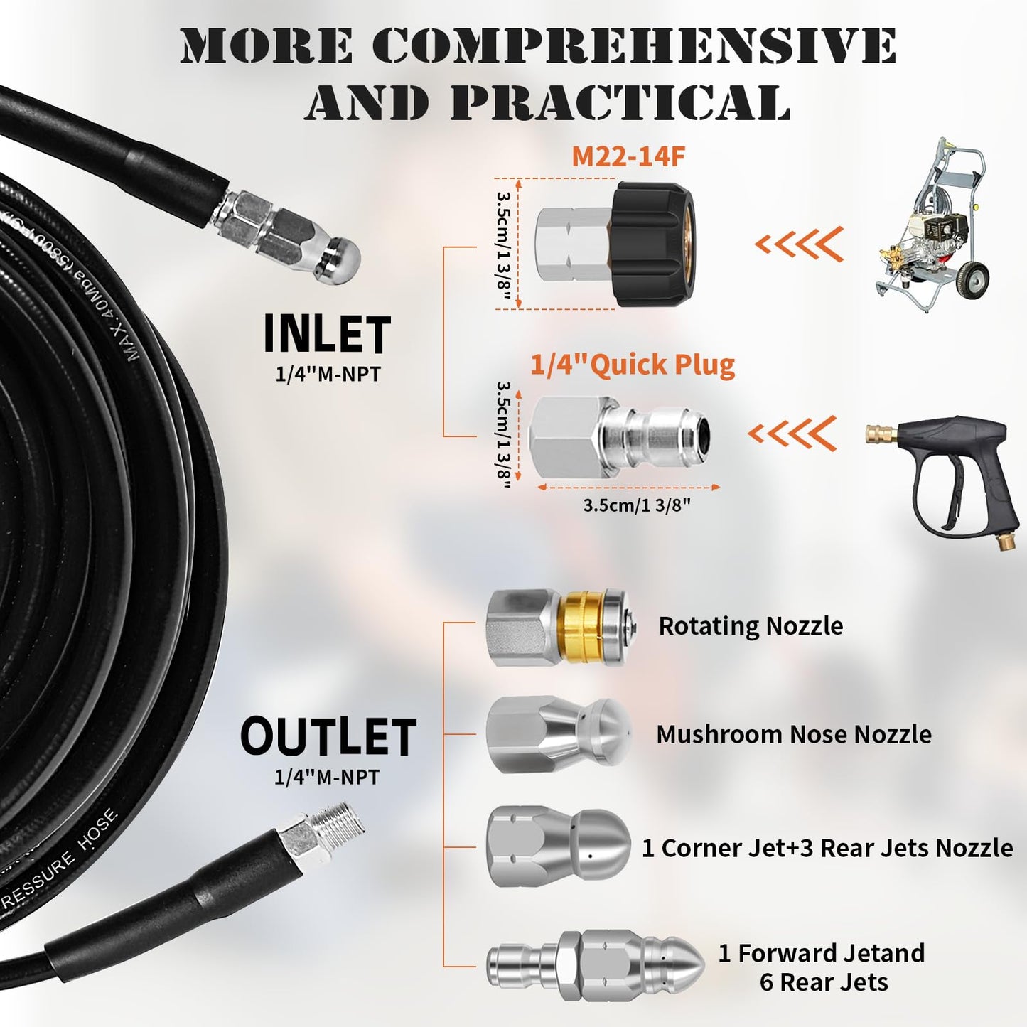 Sewer Jetter Kit for Pressure Washer, 100FT Drain Cleaner Hose 5800PSI with 1/4 Inch NPT Corner, Rotating Nozzle and 4 Different Button Nose Sewer Jet Nozzles, Waterproof Tape and 2 Spanners (Black)