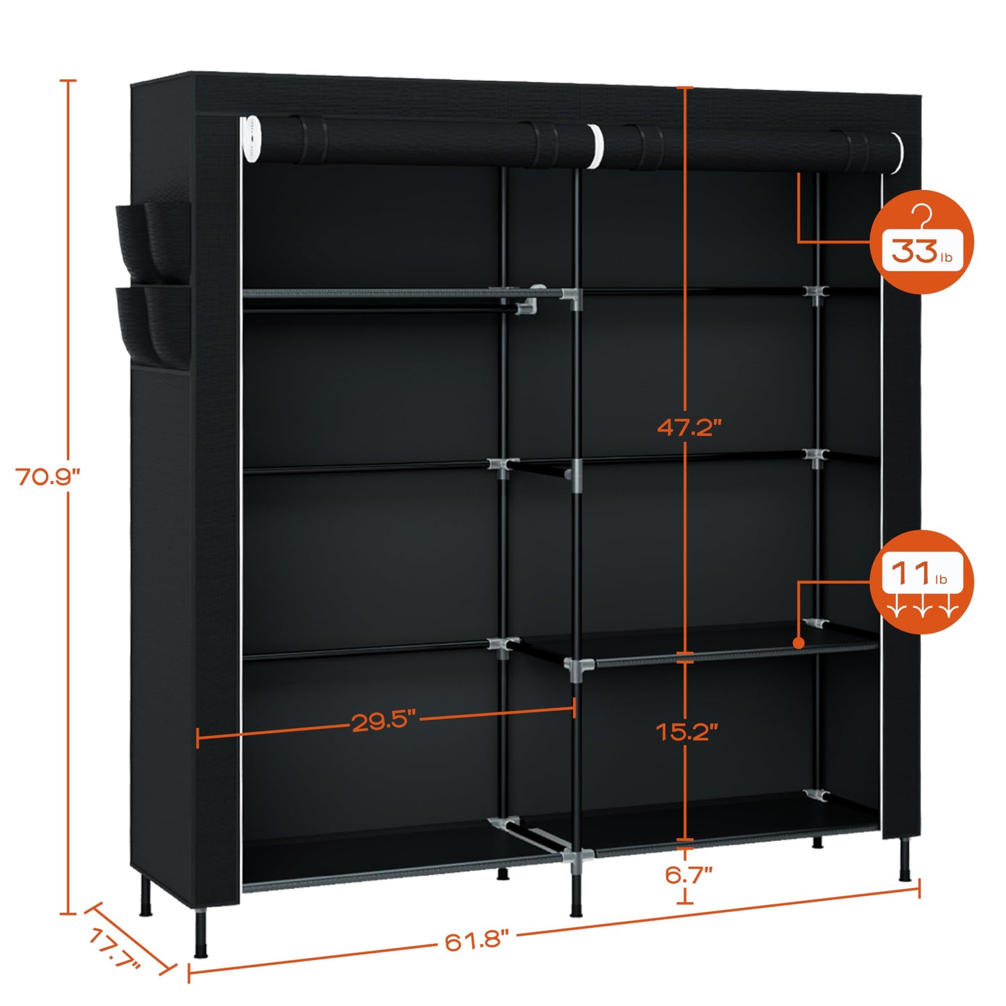 CASAMAYA Portable Closet, 61.8 Inch Large Capacity Wardrobe Closet with Cover, Clothes Storage Organizer with Shelves and 2 Hanging Rods, Easy to Assembly, Black PCT222B01