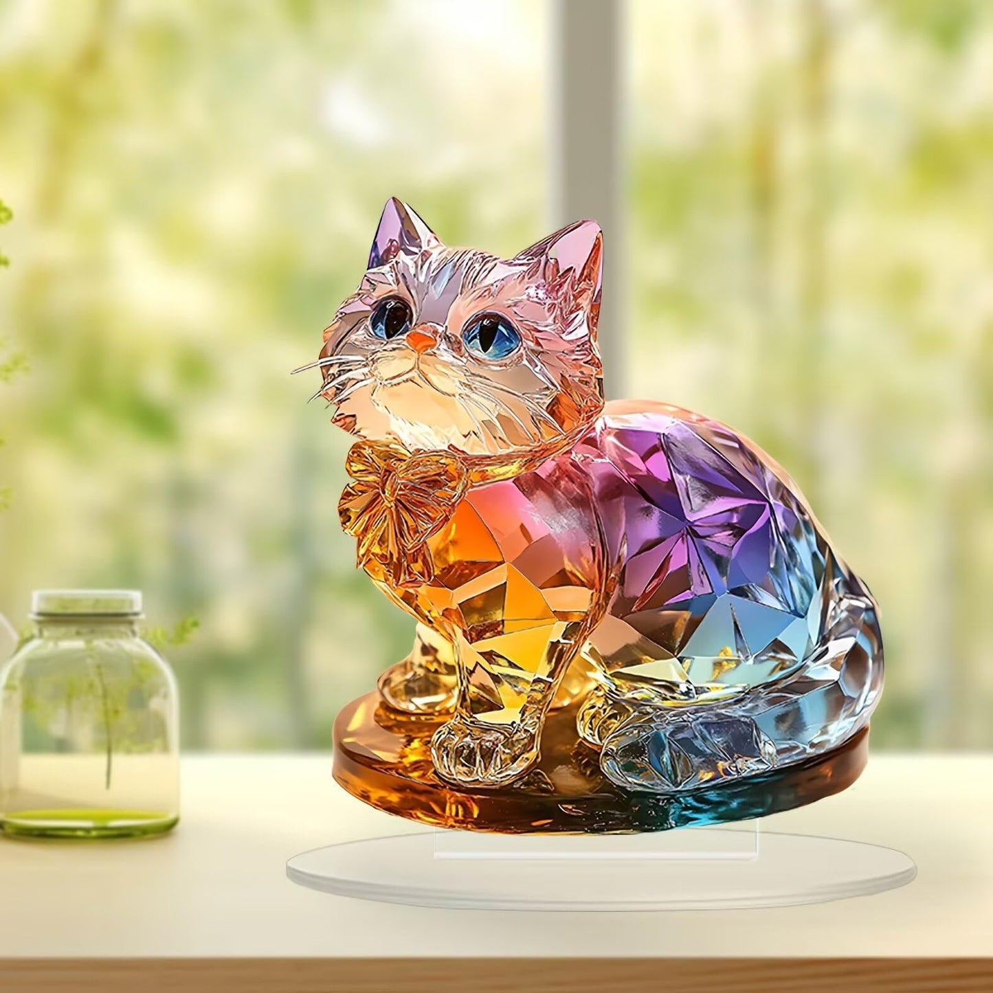 Rainbow Crystal Cat Figurine Acrylic Desktop Decoration, Suitable for Home Décor in Living Room or Office. Idea Gift Choice: Halloween, Christmas, Birthday, Anniversary, Valentine's Day, Celebrations
