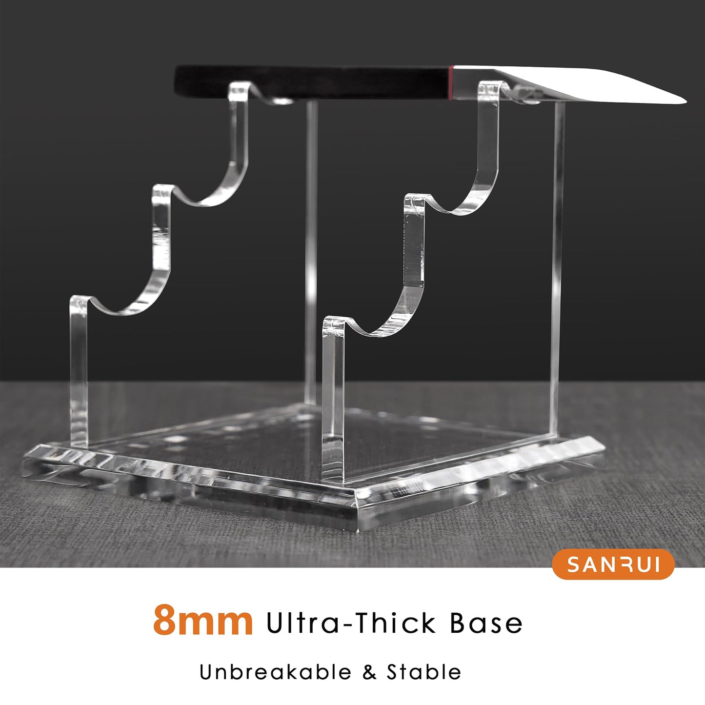 YUXUN Acrylic Pen Holder for Desk - Horizontal Three Pen Display Stand with 8mm Thick Base | Fountain Pen Rest, Apple Pencil Stand, Crystal-Clear Desk Organizer