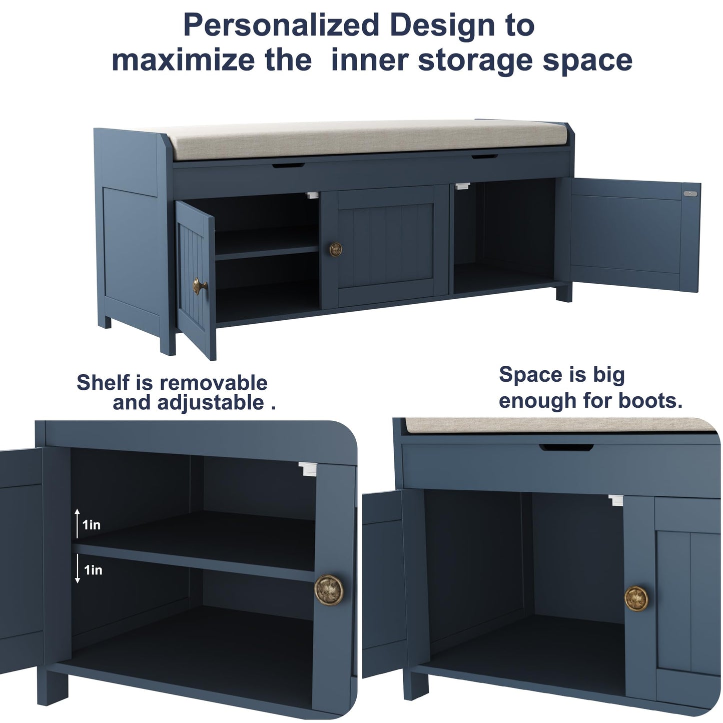 HOMEFORT 41.3" Shoe Bench with Lift Top Storage, Entryway Bench with Cushioned Seat, Wooden End of Bed Bench, Shoe Cabinet Bench with Hidden Storage Space, for Bedroom, Hallway,Blue