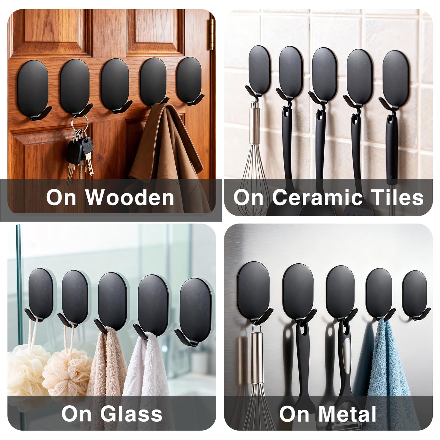 10 Pcs Metal Hooks, Adhesive Hooks for Hanging, Key Hooks, Wall Hooks, Command Hooks, Coat Hooks, Door Hooks, Towel Hanger, Picture Hanger, Storage Hooks, Utility Hooks for Bathroom, Kitchen (Black)