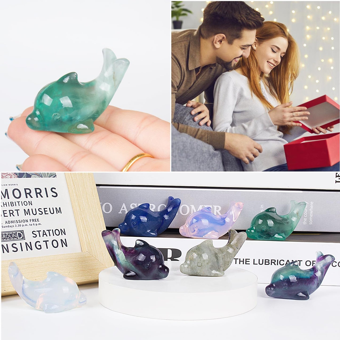 Hguxmcu Pink Opalite Crystal Dolphin Carving Hand Carved,1.8 Inch Dolphin Figurine Polished Gemstone Animal Sculpture Healing Stone Meditation Decor Gift Collection