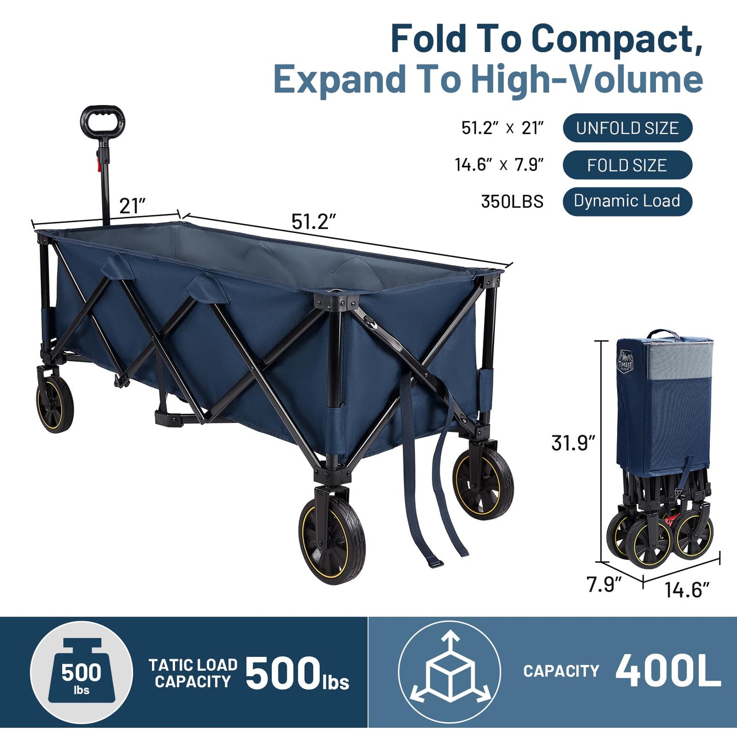 Timber Ridge 51.2'' Extended Collapsible Wagons Carts Foldable, 500LBS Heavy Duty Sports Wagon with Adjustable Handle, 400L Capacity Portable Cart for Camping Shopping