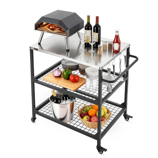 VEVOR Outdoor Grill Cart, 31.5 x 24.0 inch Stainless Steel Tabletop Size Grilling Table, Outdoor Cooking Table with 4 Wheels & Side Handle, Two Mesh Shelves, BBQ Prep Tables for Patio, Garden