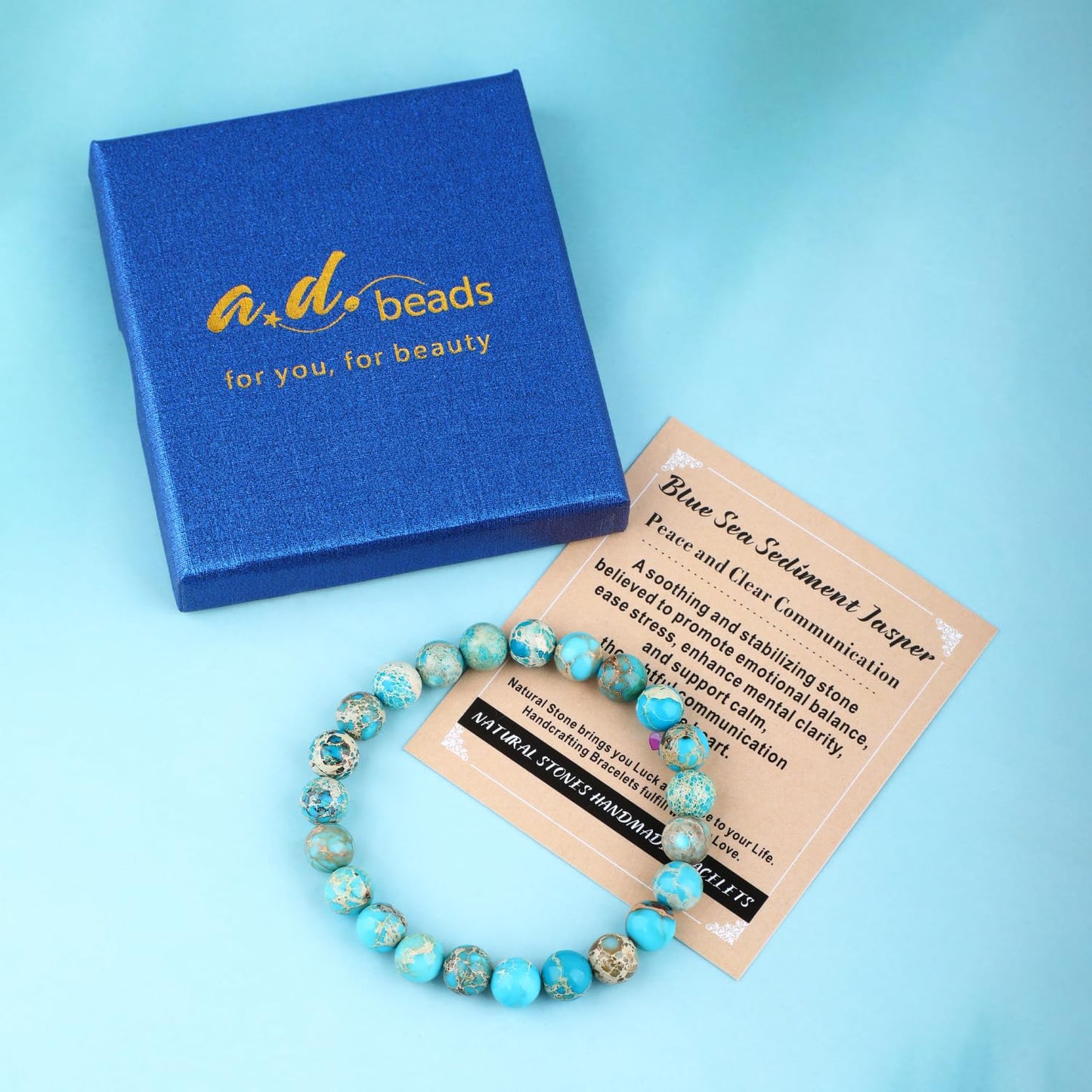 AD Beads 8mm Handmade Blue Sea Sediment Imperial Jasper Elastic Bracelet – Natural Gemstone for Joy & Positivity – Meditation, Yoga, Healing and Energy Gift for Men Women
