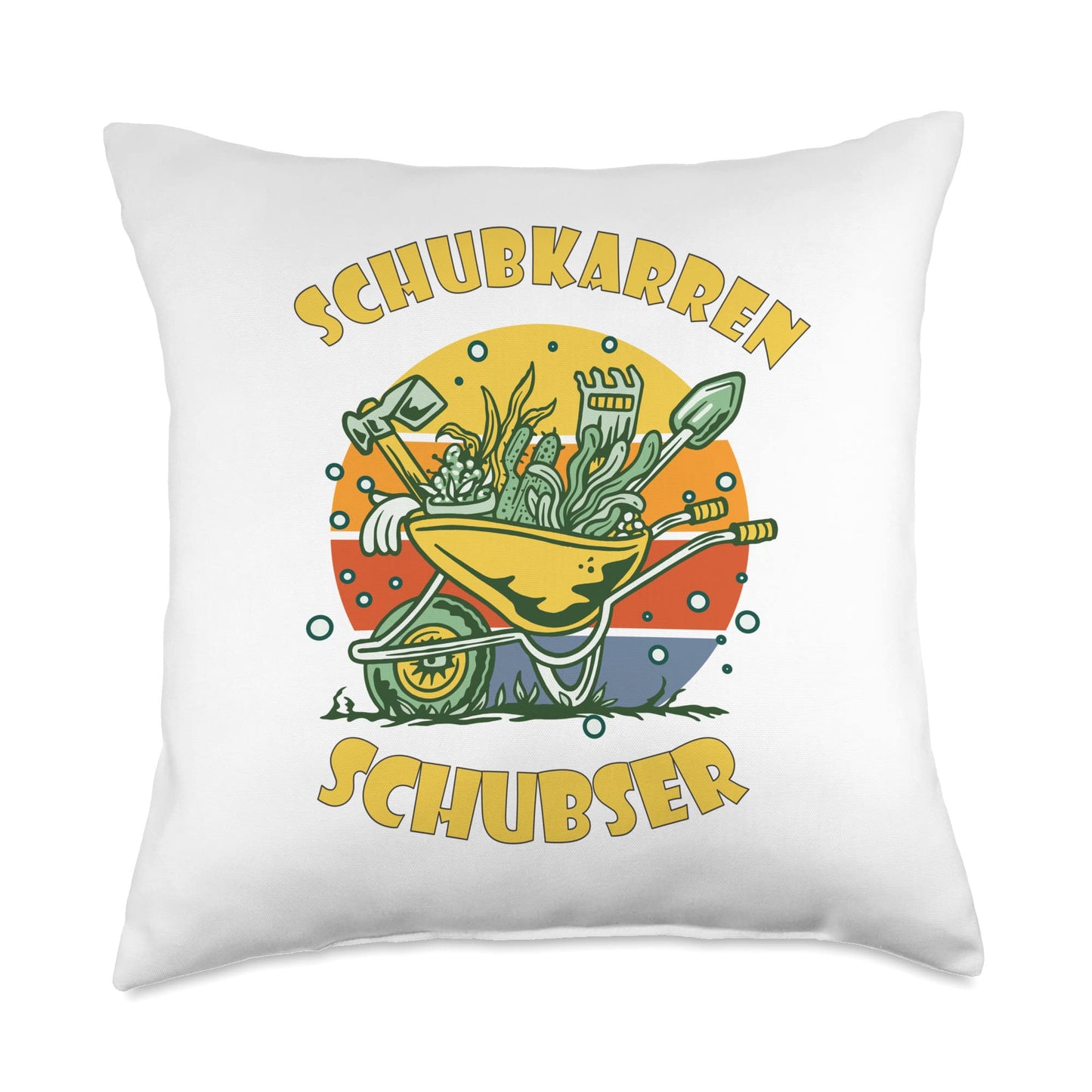 Gardening fun. Wheelbarrow pusher, barrow Garden Gardens Throw Pillow