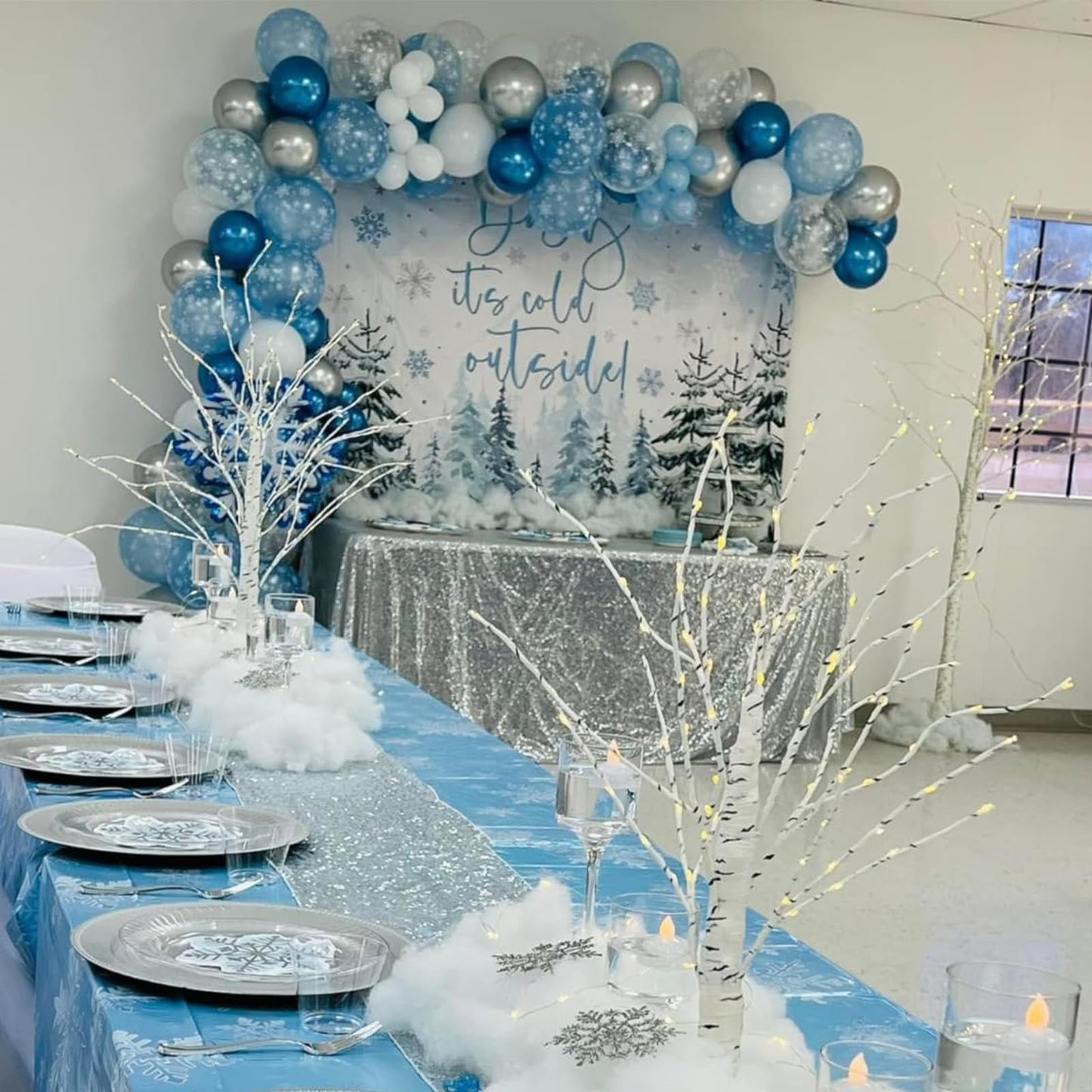Jobkoo Snowflake Balloon Garland Arch Kit Winter Snowflake Balloons with Silver Blue White Snow Confetti Latex Balloon for Winter Wonderland Christmas Baby Shower Princess Birthday Party Decor