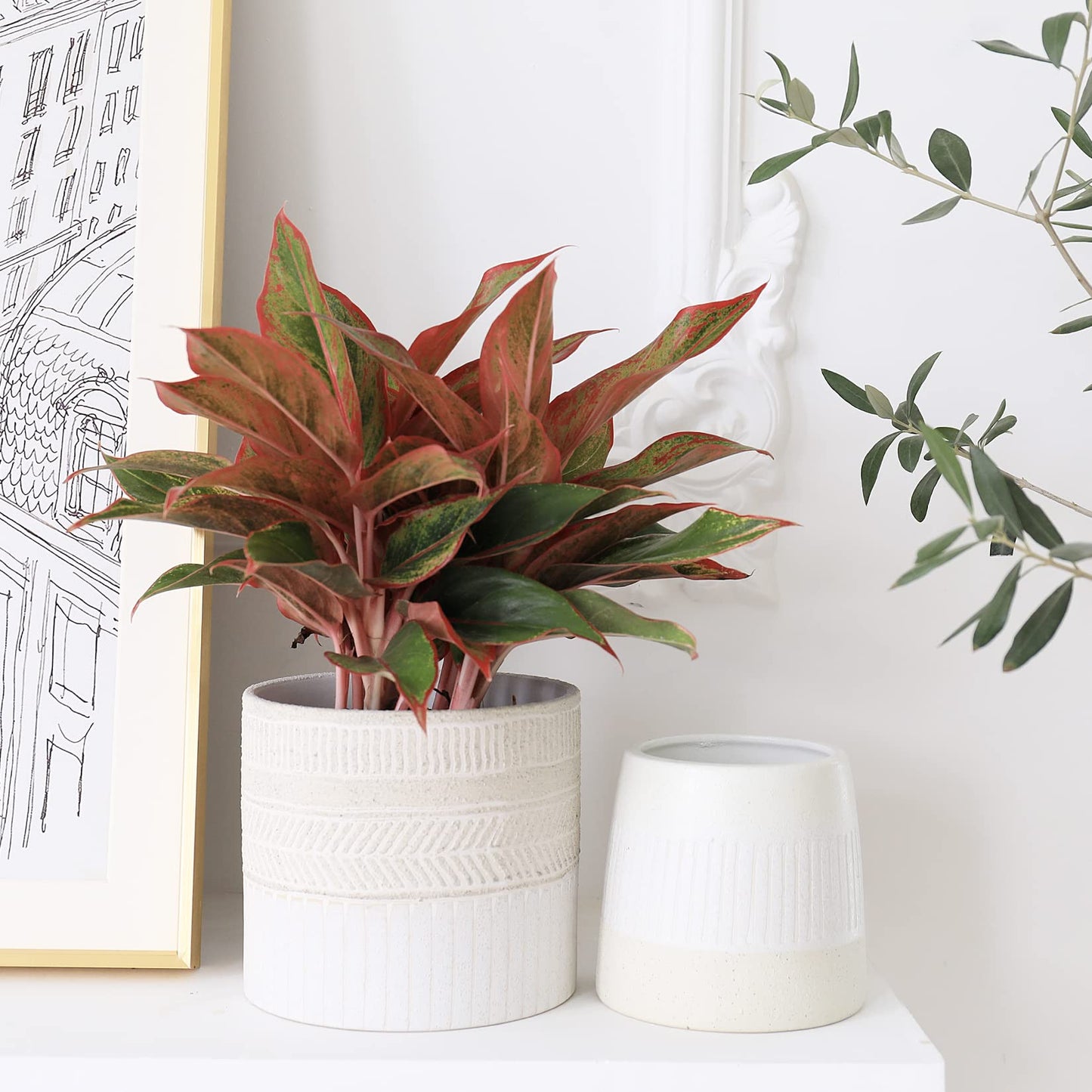 LA JOLIE MUSE Flower Pots Indoor Plant Pot Set of 2, Unique Small Ceramic Plants Planter, 6.4+ 5.1 Inch Planters, Beige