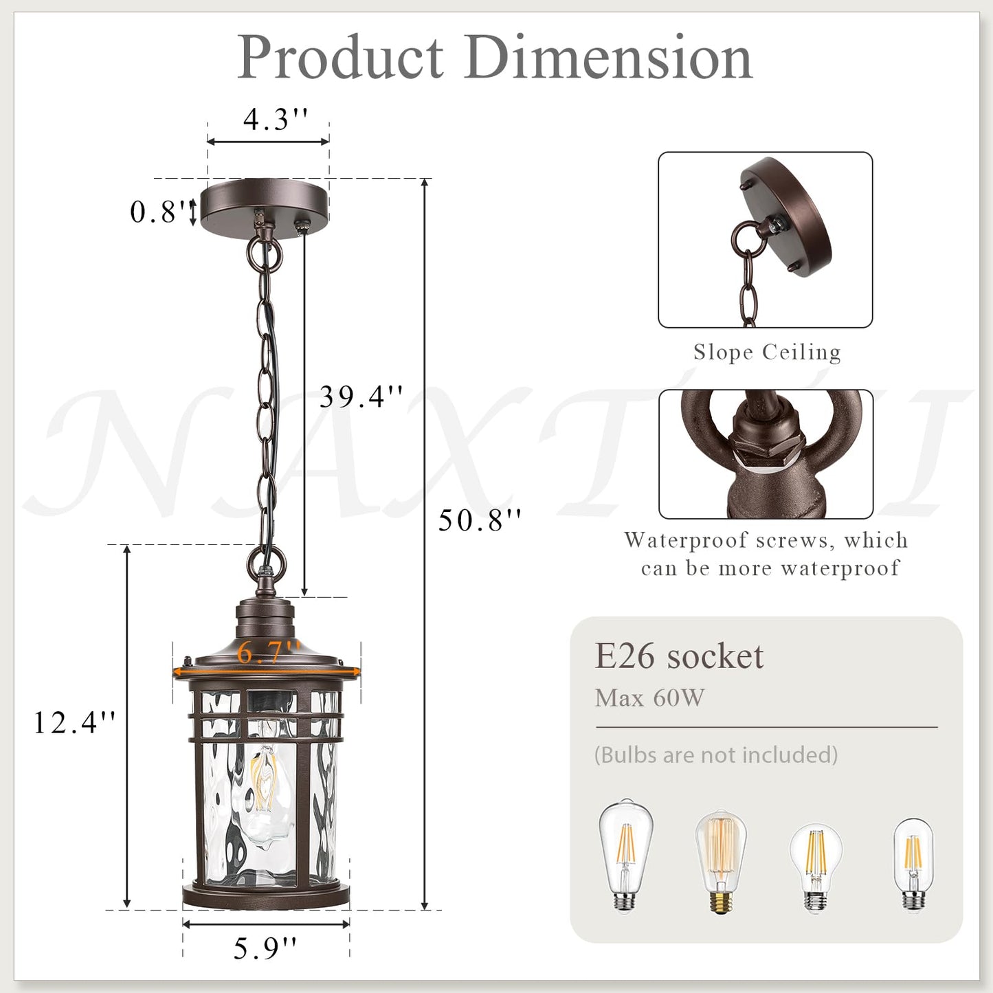 NAXTTII Outdoor Hanging Lantern Light Dusk to Dawn Hanging Porch Light Anti-Rust Aluminum Outdoor Chandelier for Front Door Gazebo E26 Socket Oil Rubbed Bronze Finish