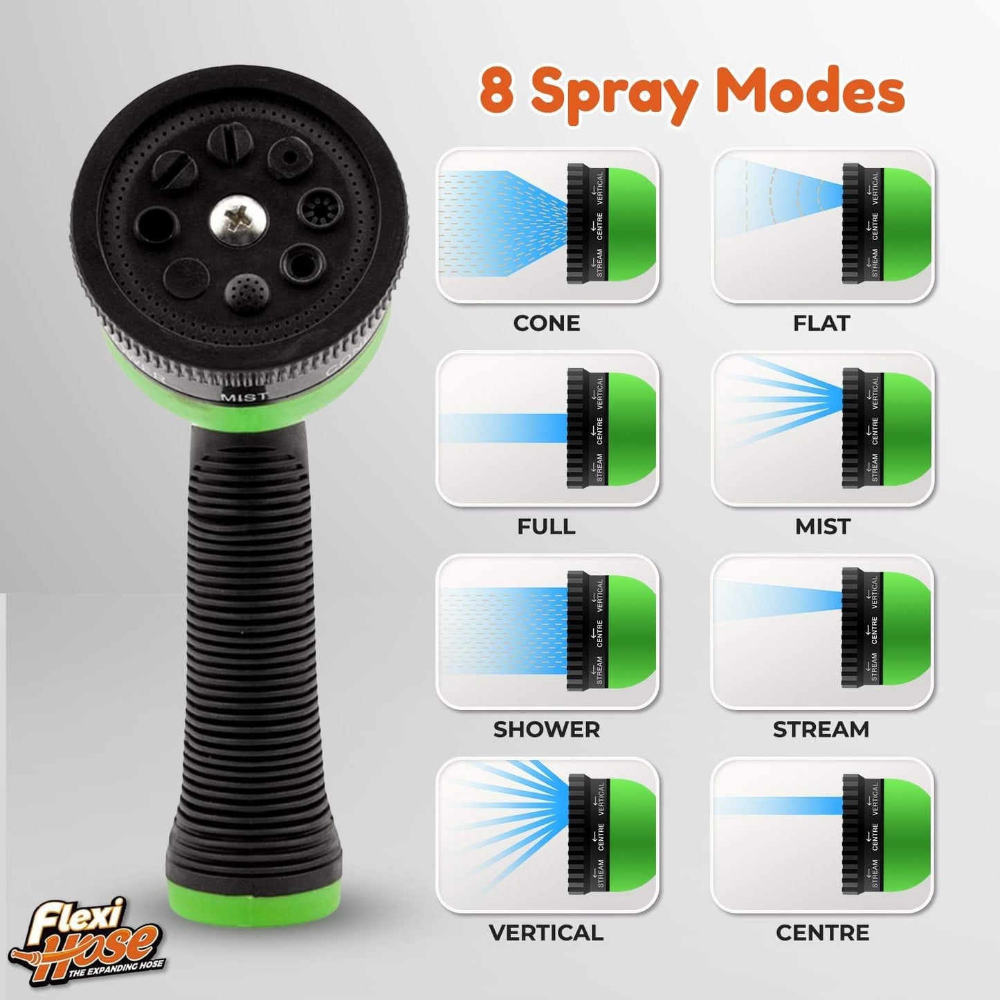 Flexi Hose with 8 Function Nozzle, 50FT - Lightweight Expandable Garden Hose, No-Kink Flexibility, 3/4 Inch Solid Brass Fittings and Double Latex Core - Green