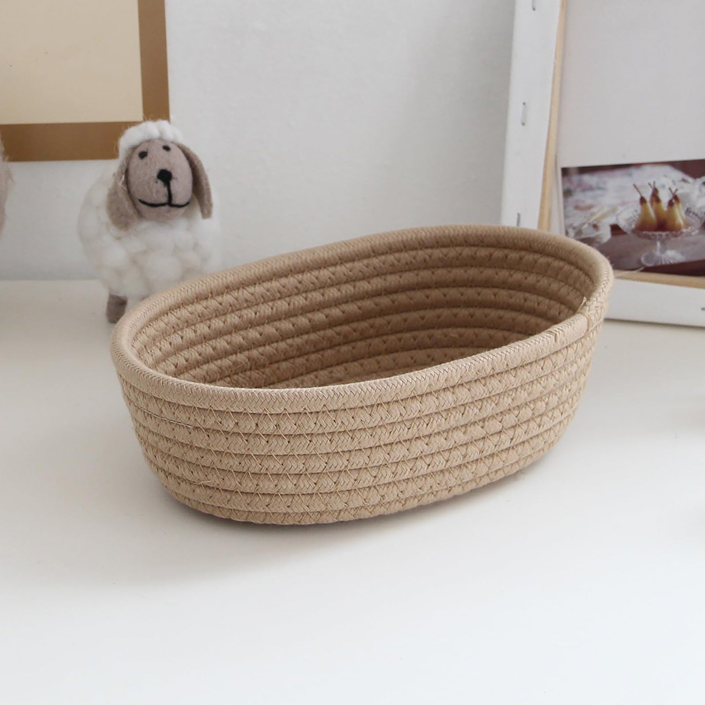 Small Woven Rope Storage Basket with Handles Spring Mini Oval Decorative Hampers for Empty Chest Box 3 Sizes(Khaki 12''L x 4"W x 7''H)