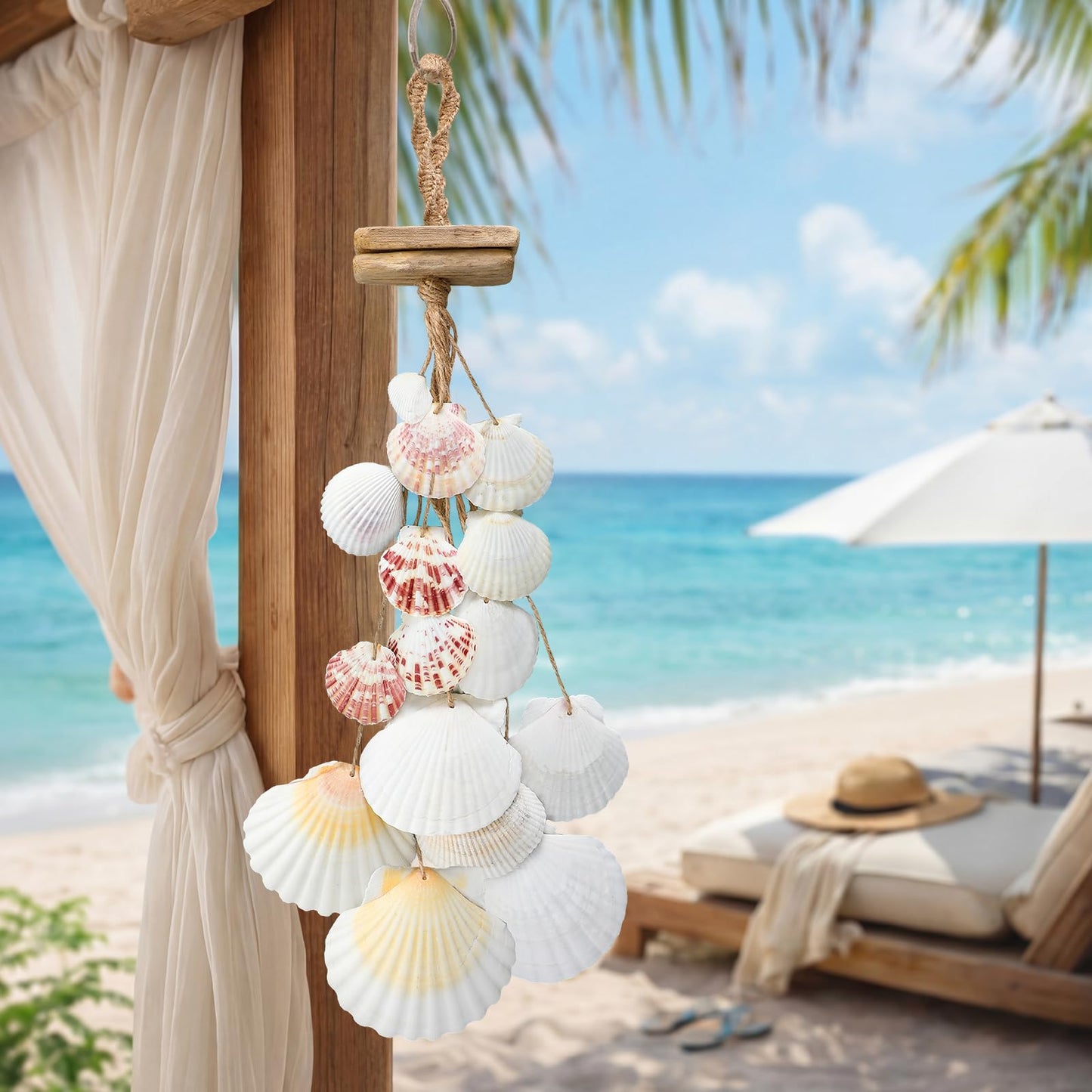Novabright Wooden Beach Seashell Wall Hanging Decor Driftwood Seashell Wall Decor Scallop Shells Bathroom Decorations for Home Indoor Outdoor Coastal Living Room Bedroom and Dining, 20inches