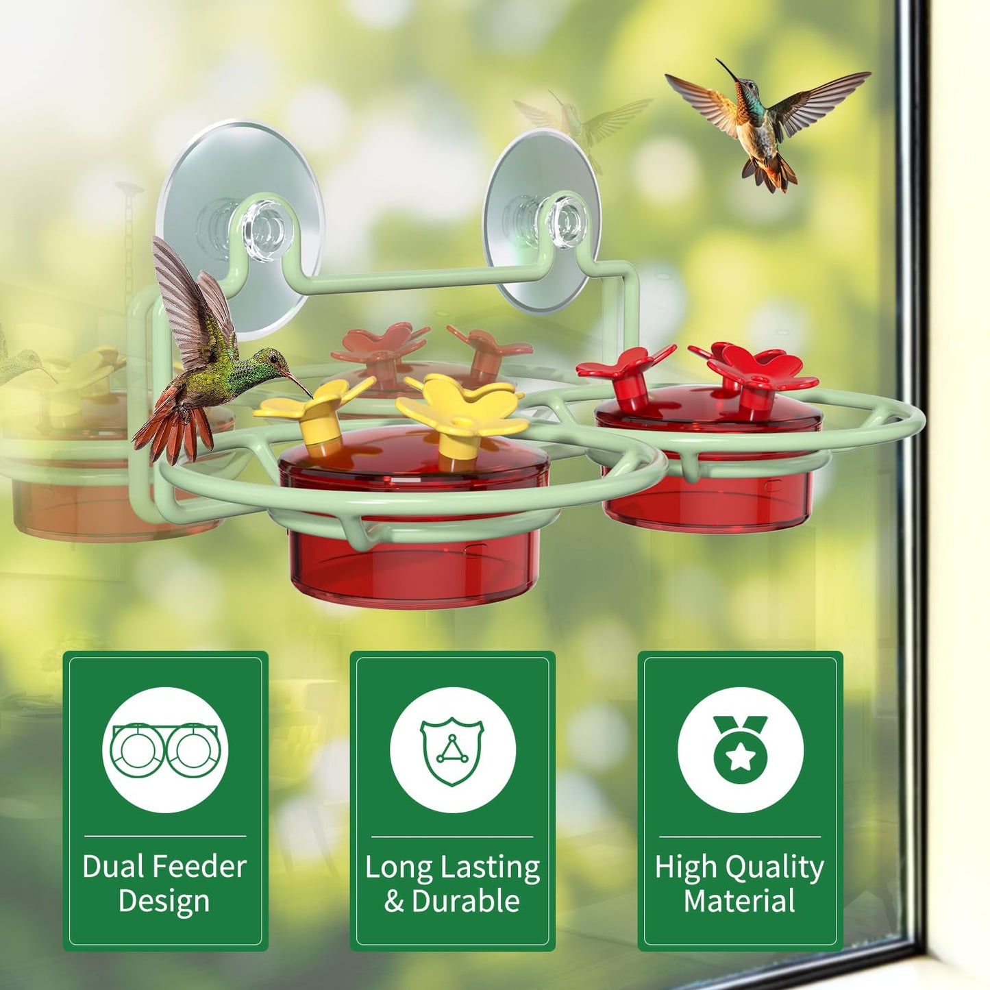 Dreamdrawer Window Hummingbird Feeder, Small Hummingbird Feeder for Outdoors with Strong Suction Cup - Metal Base & 6 Feeding Ports, Easy to Clean and Refill
