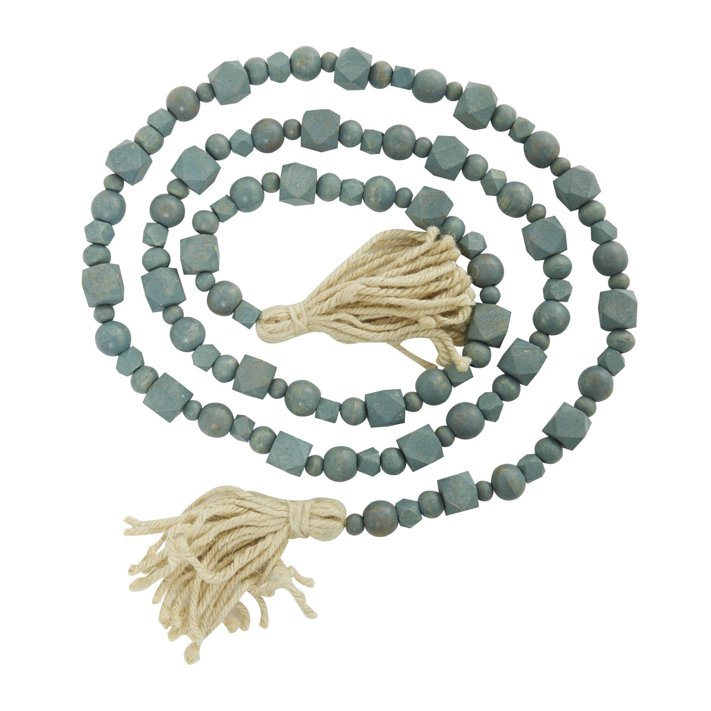 Deco 79 Mango Wood Handmade Hexagon Carved Geometric Long Beaded Garland with Tassel, 80" x 1" x 1", Blue
