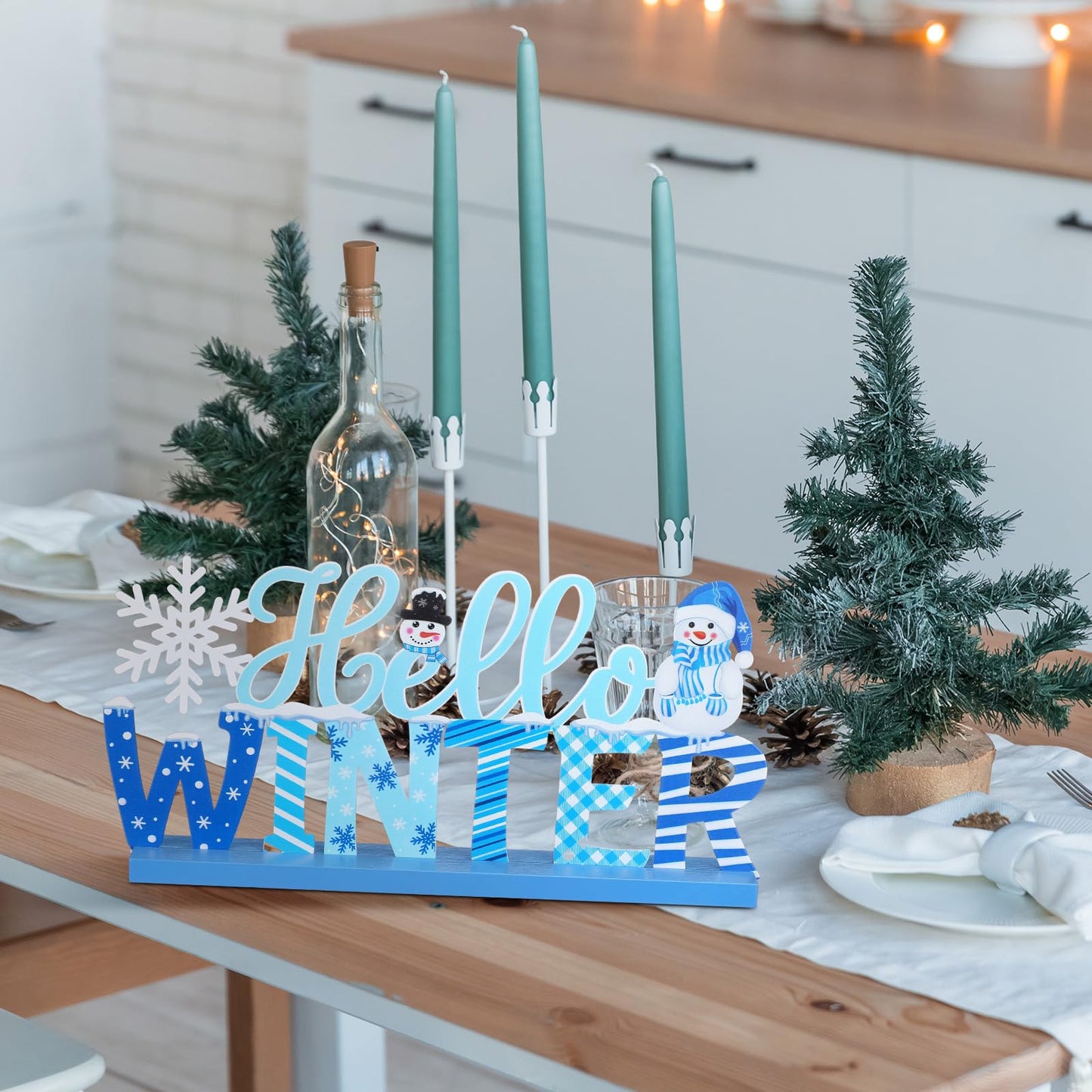 MiniInflat Hello Winter Table Decor Winter Metal Table Sign Christmas Blue Snowman Snowflake Decor with Wood Base for Wonderland Decorations Xmas Home Tiered Tray Mantel Tabletop Centerpiece