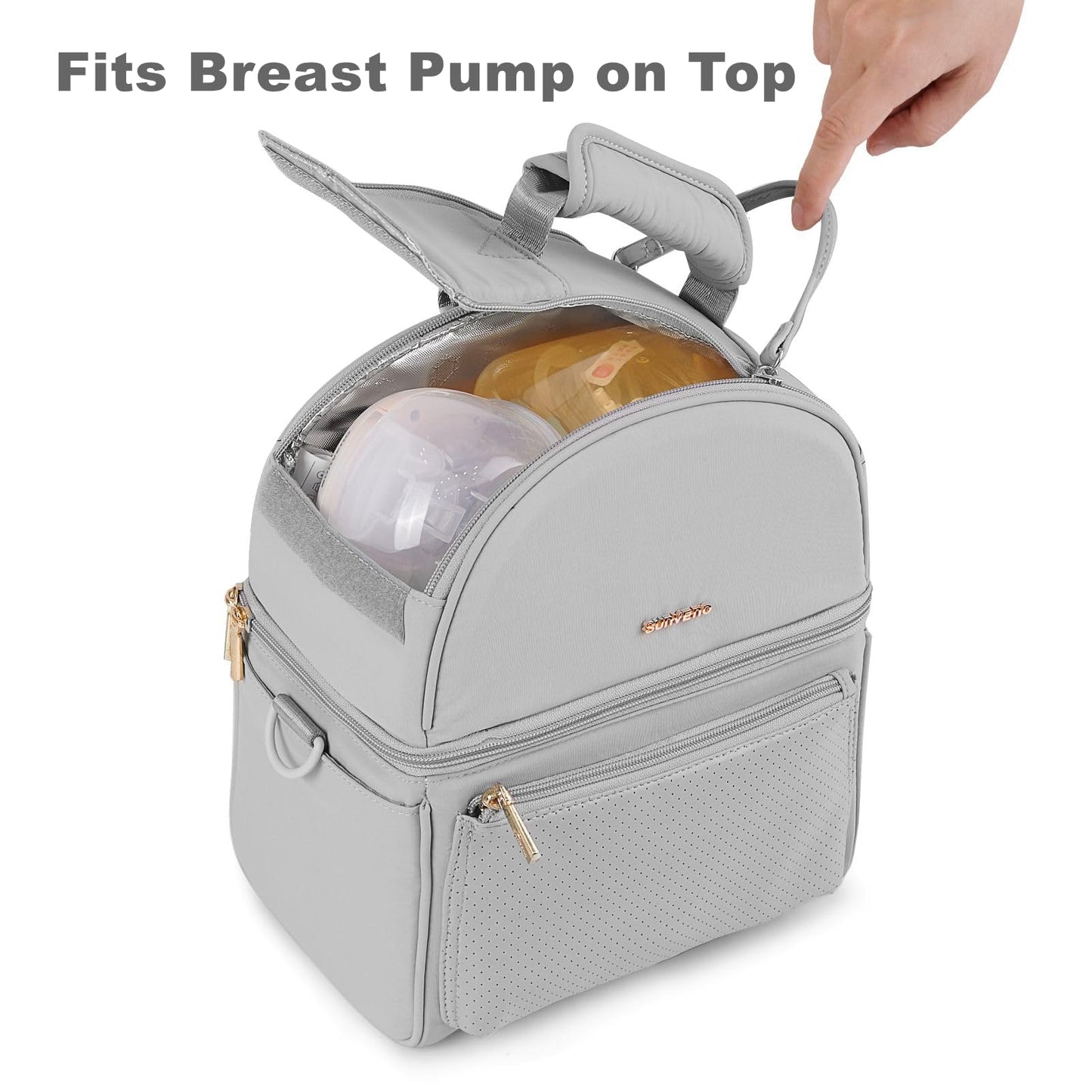SUNVENO Breast Milk Cooler Bag with Detachable Insulation Box, Double-Layer Pumping Travel Bag for Work & Daycare, Fits Bottles, Ice Packs and Pump Parts,Grey