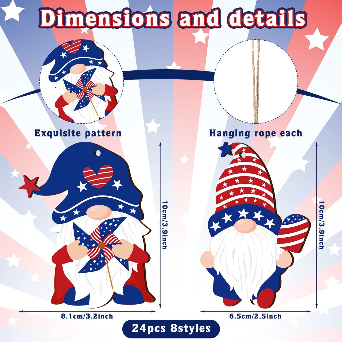 Capoda 4th of July Gnome Ornaments Independence Day Hanging Decorations Patriotic Tree Decor Wooden Red White and Blue Wooden Gnome Hanging Decoration for Independence Memorial Day Party(24 Pieces)