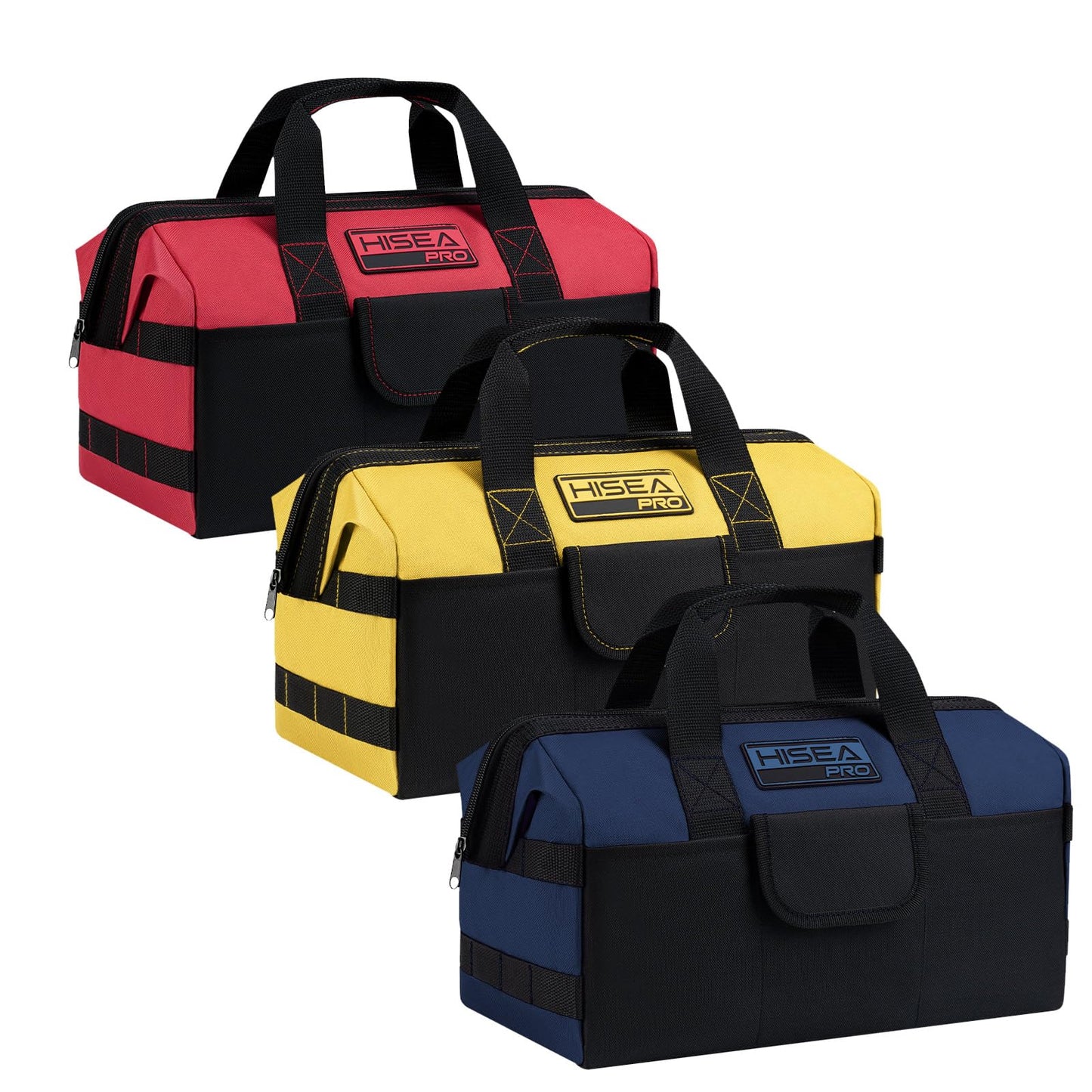 HISEA 3 Pack Heavy Duty Tool Bag with Storage Pockets, 16-Inch Tools Organizer Tote with Wide Base, Water-Resistant Durable Tool Bags with Zipper for Electrician, Tradesman (Red, Yellow, Blue)