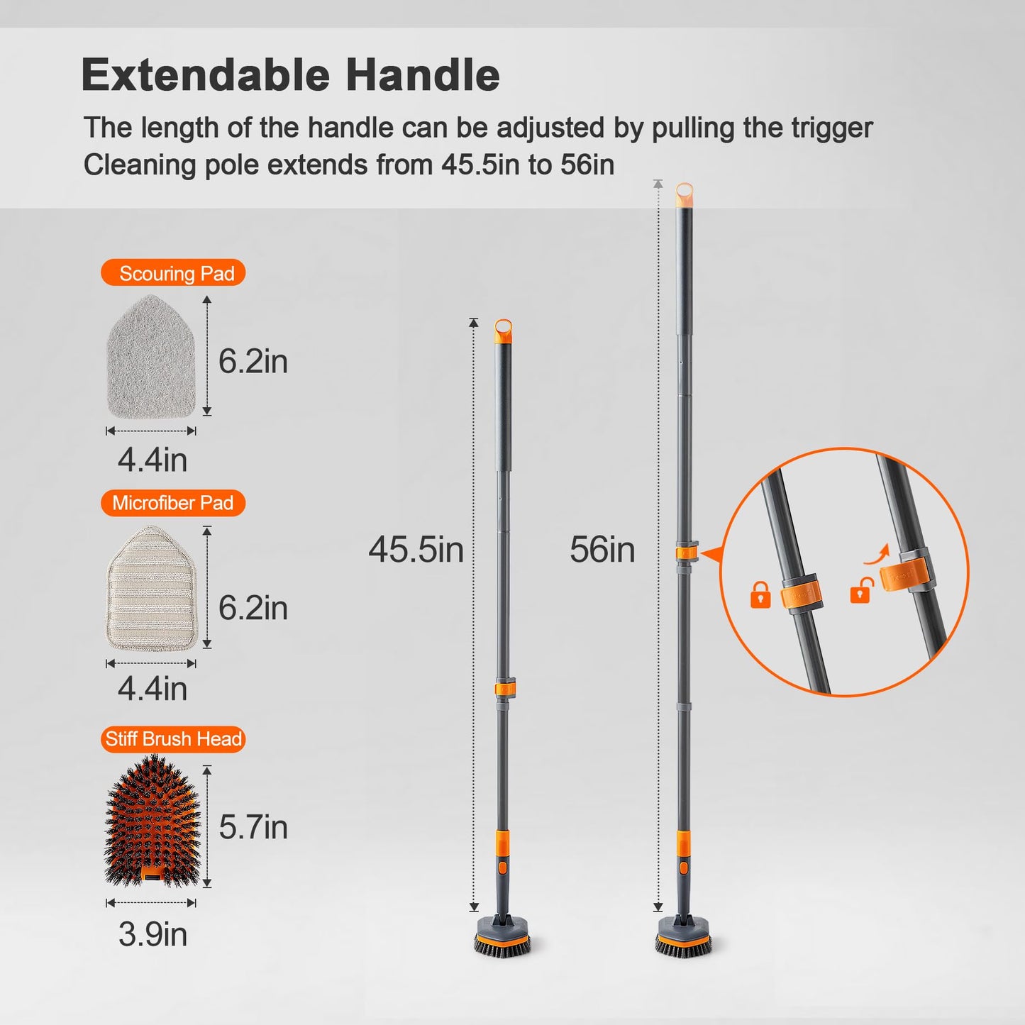 CLEANHOME Tile Tub Scrubber Brush with 3 Different Function Cleaning Heads and 56" Extendable Long Handle-No Scratch Shower Scrubber for Cleaning Bathroom Kitchen Toilet Wall,Bathtub,Sink,Grey