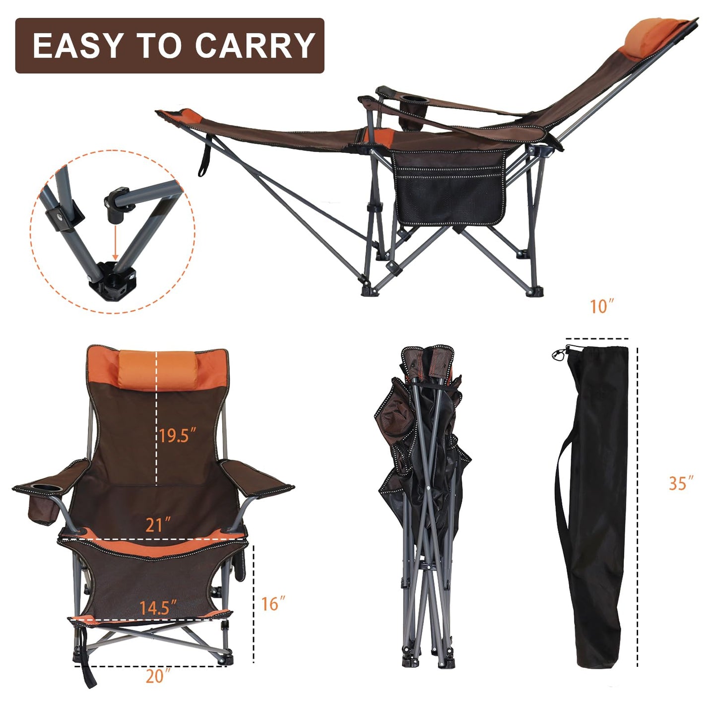 MCCKLE Camping Lounge Chair with Headrest Footrest and Storage Bag, Portable Folding Reclining Camping Chair with Foot Rest for Adults Outdoor Camping Beach Hiking Fishing (Orange Brown)