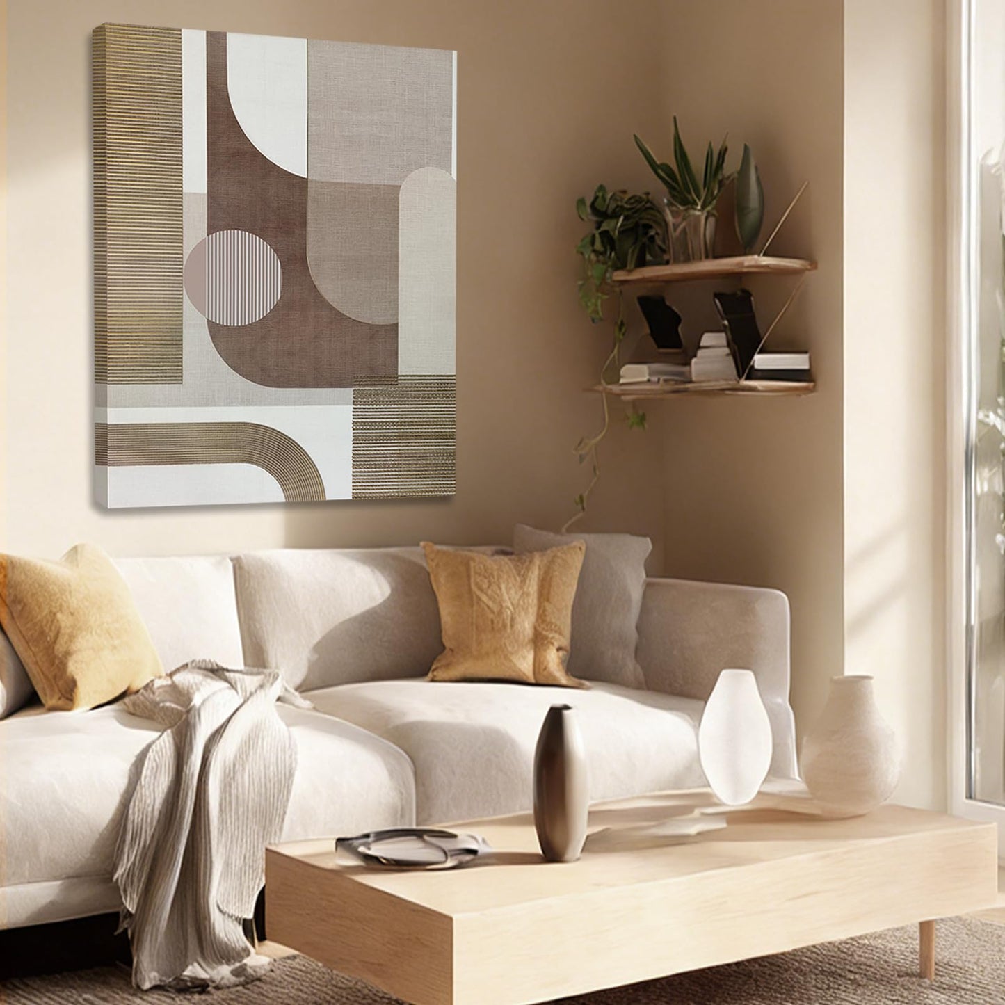 ZENPEE Neutral Beige/Taupe Geometric Wall Art, Minimalist Abstract Canvas Print, Framed & Ready to Hang, Modern Decor for Living Room and Bedroom, 32 x 24 Inches